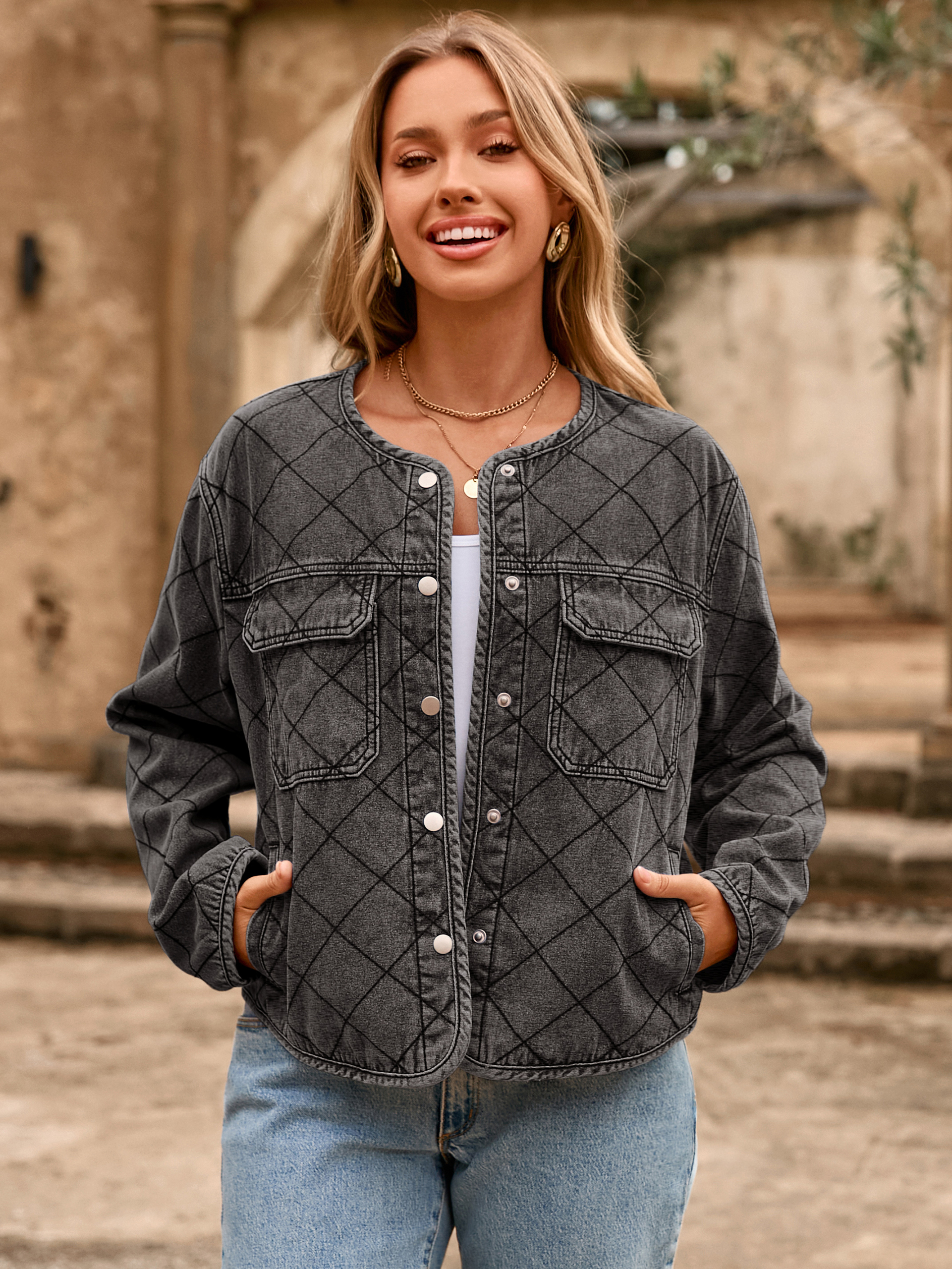 Button Crew Neck Quilted Diamond Denim Jacket