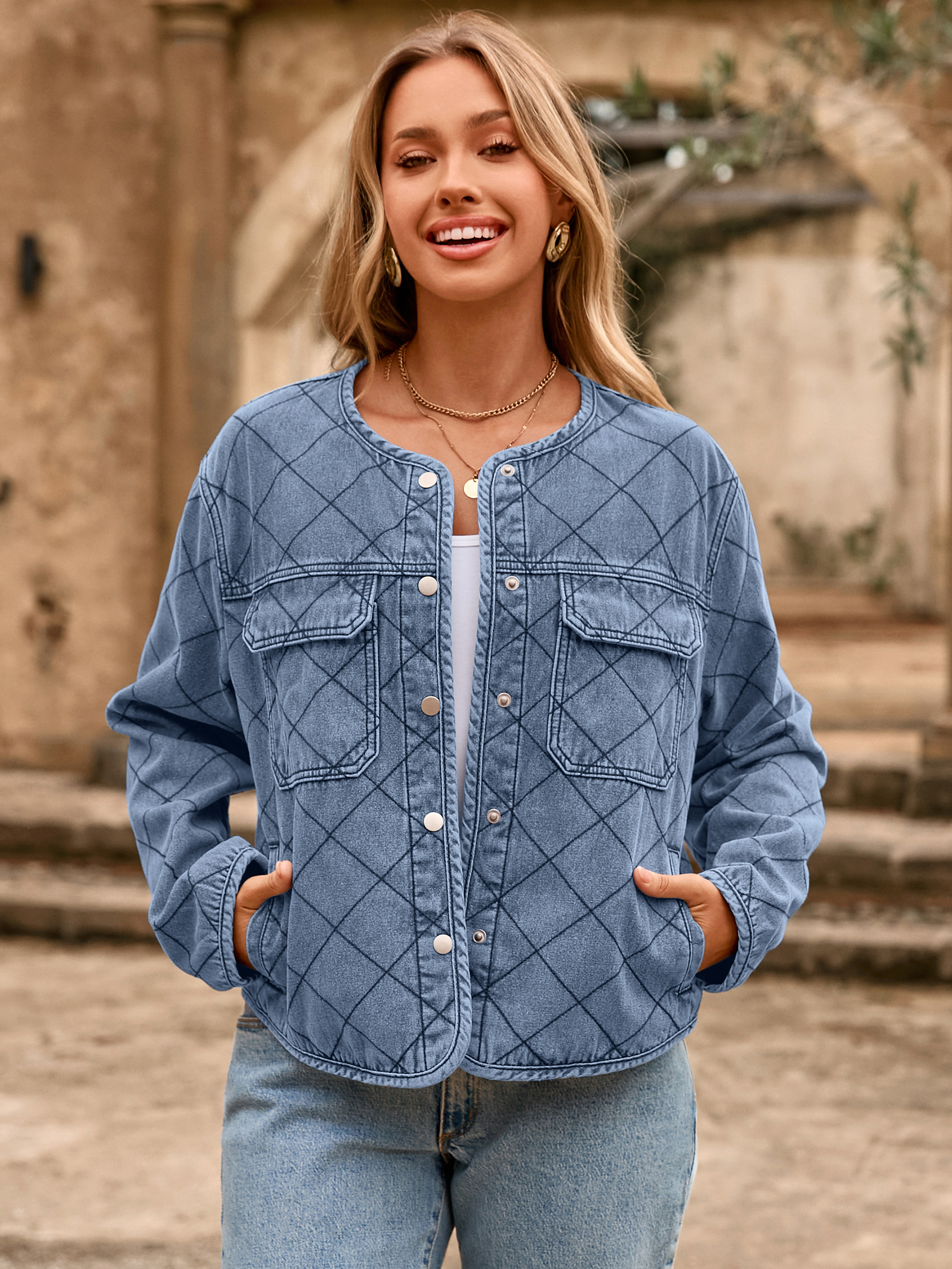 Button Crew Neck Quilted Diamond Denim Jacket
