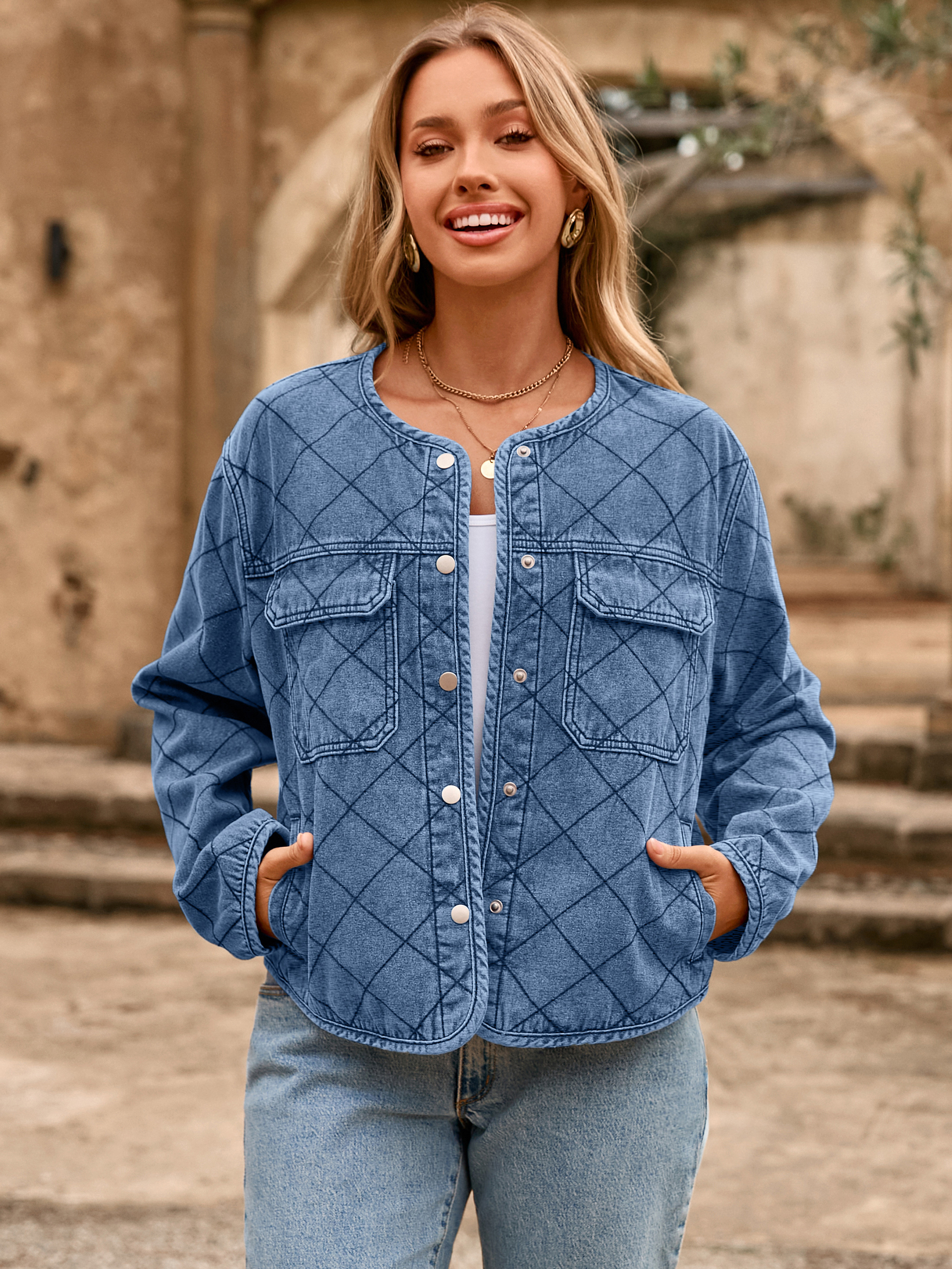 Button Crew Neck Quilted Diamond Denim Jacket