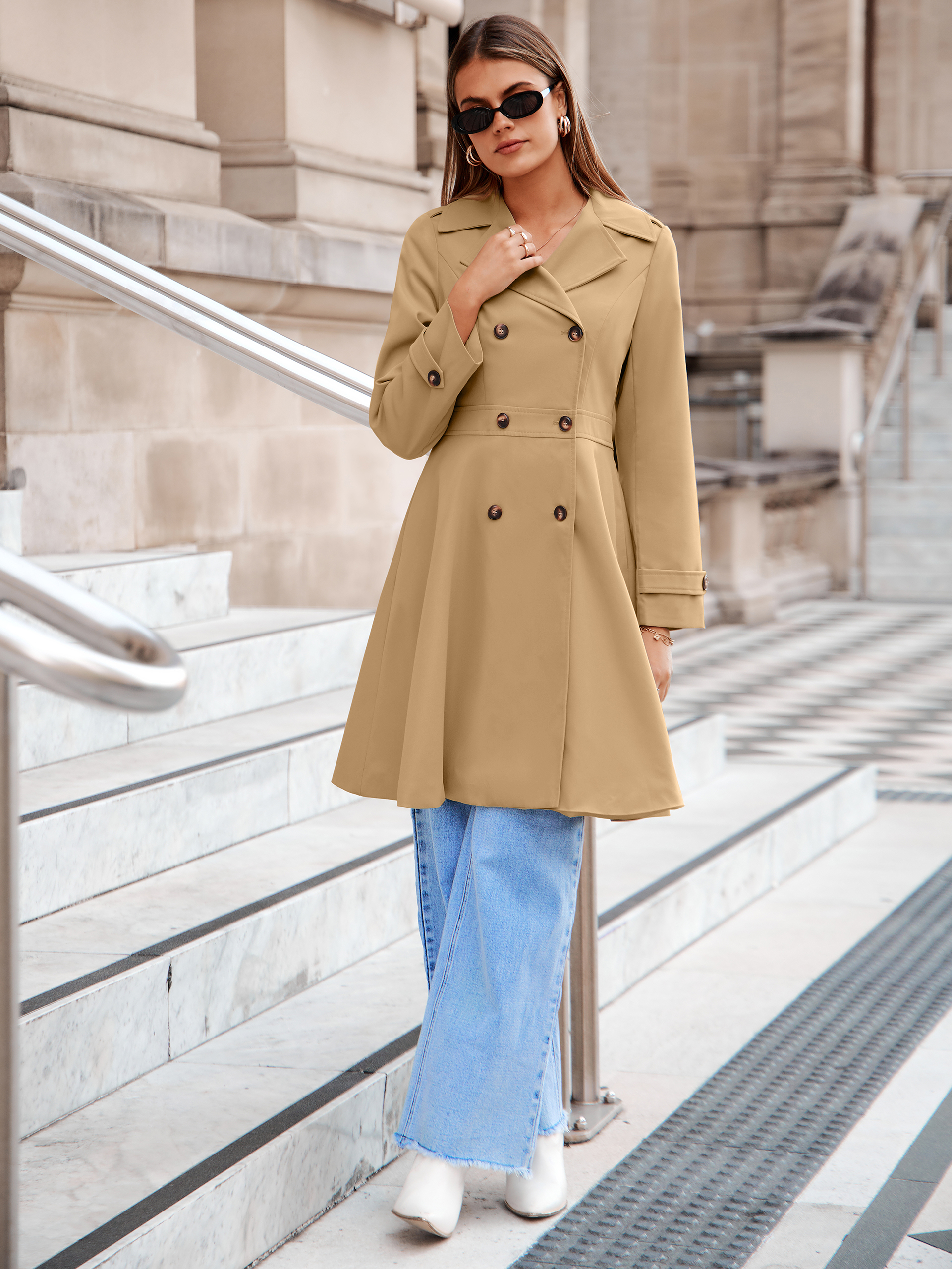 Double Breasted Ruffle Lapel Long Trench Coat