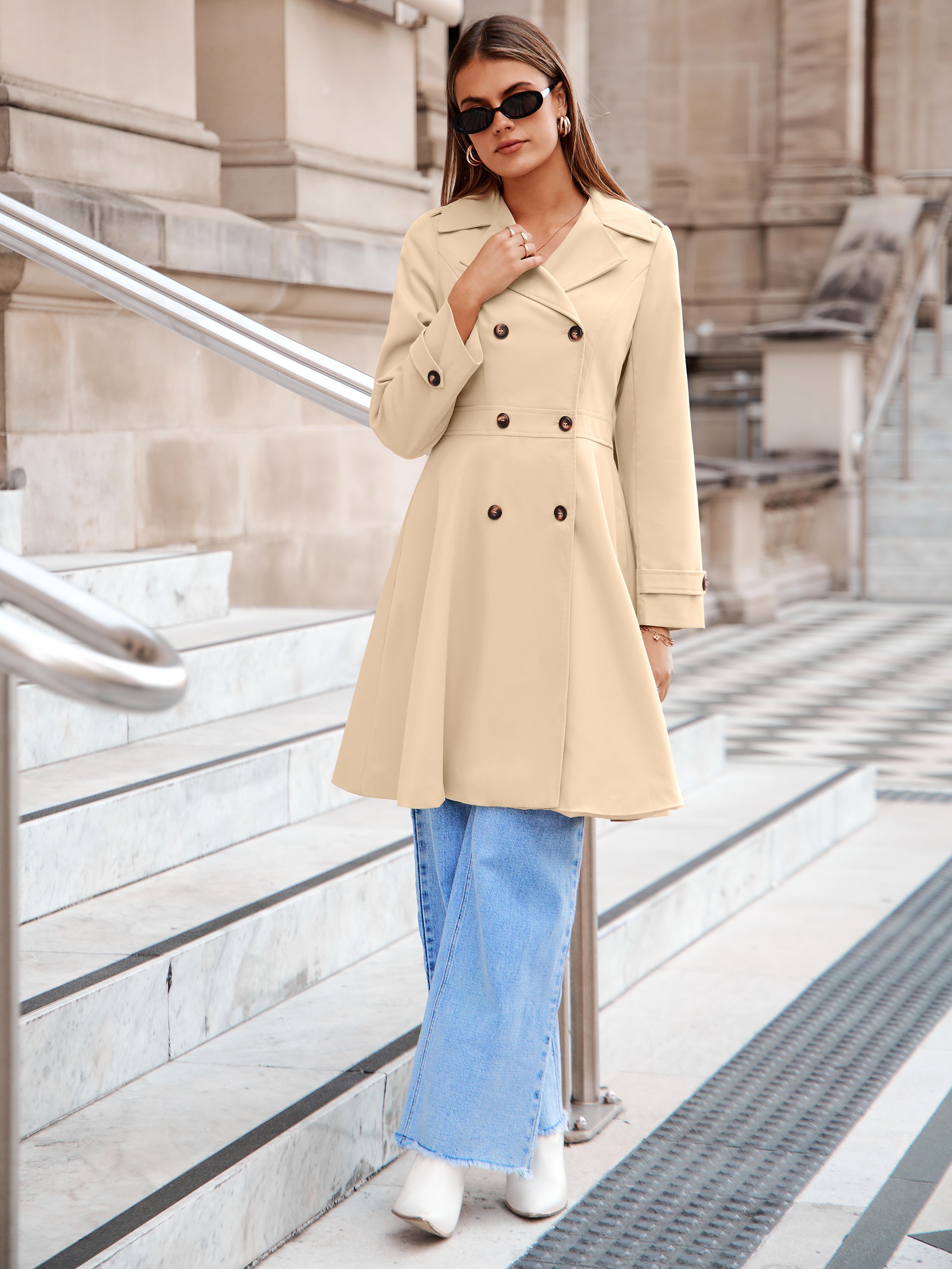 Double Breasted Ruffle Lapel Long Trench Coat