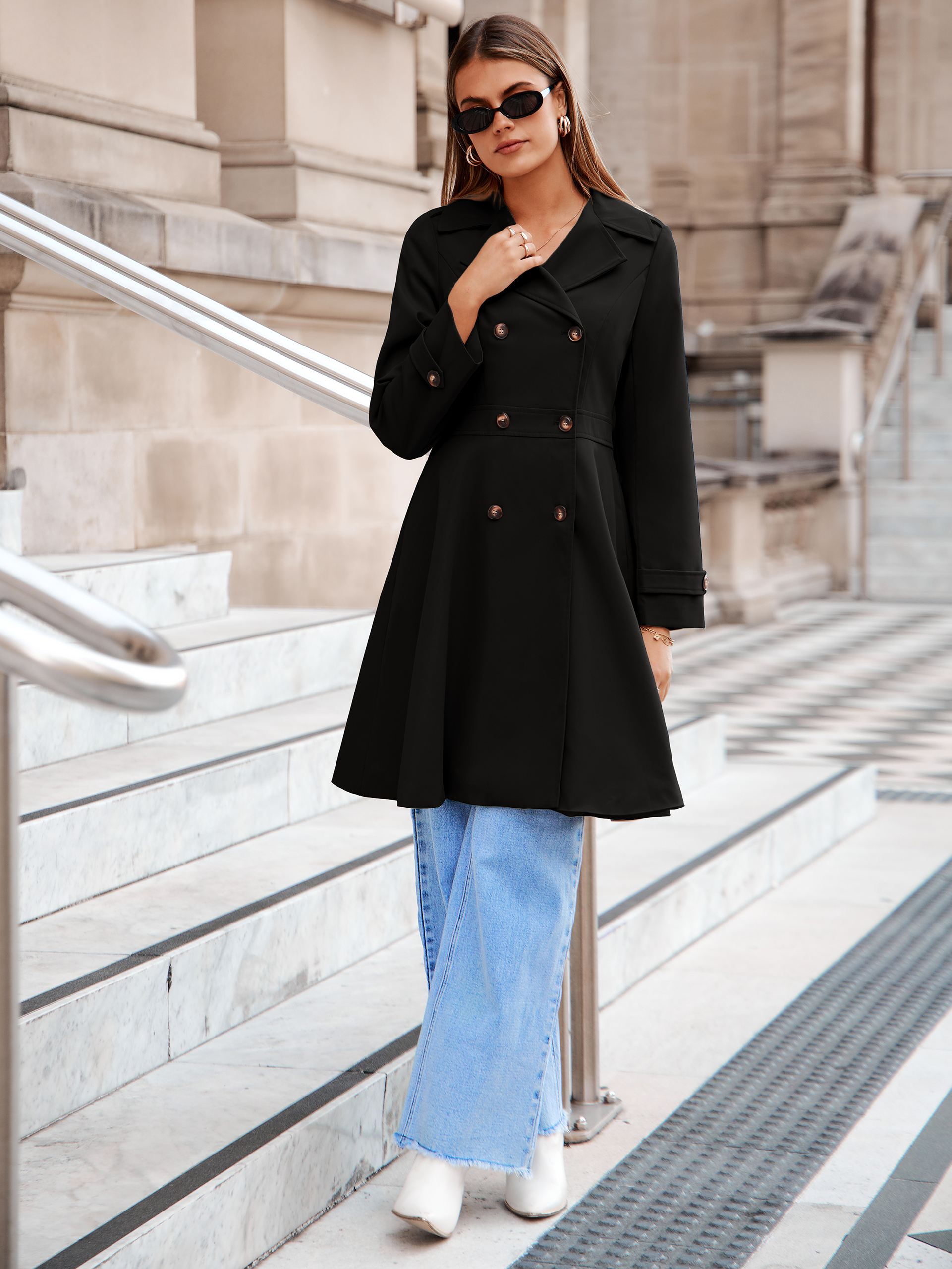 Double Breasted Ruffle Lapel Long Trench Coat