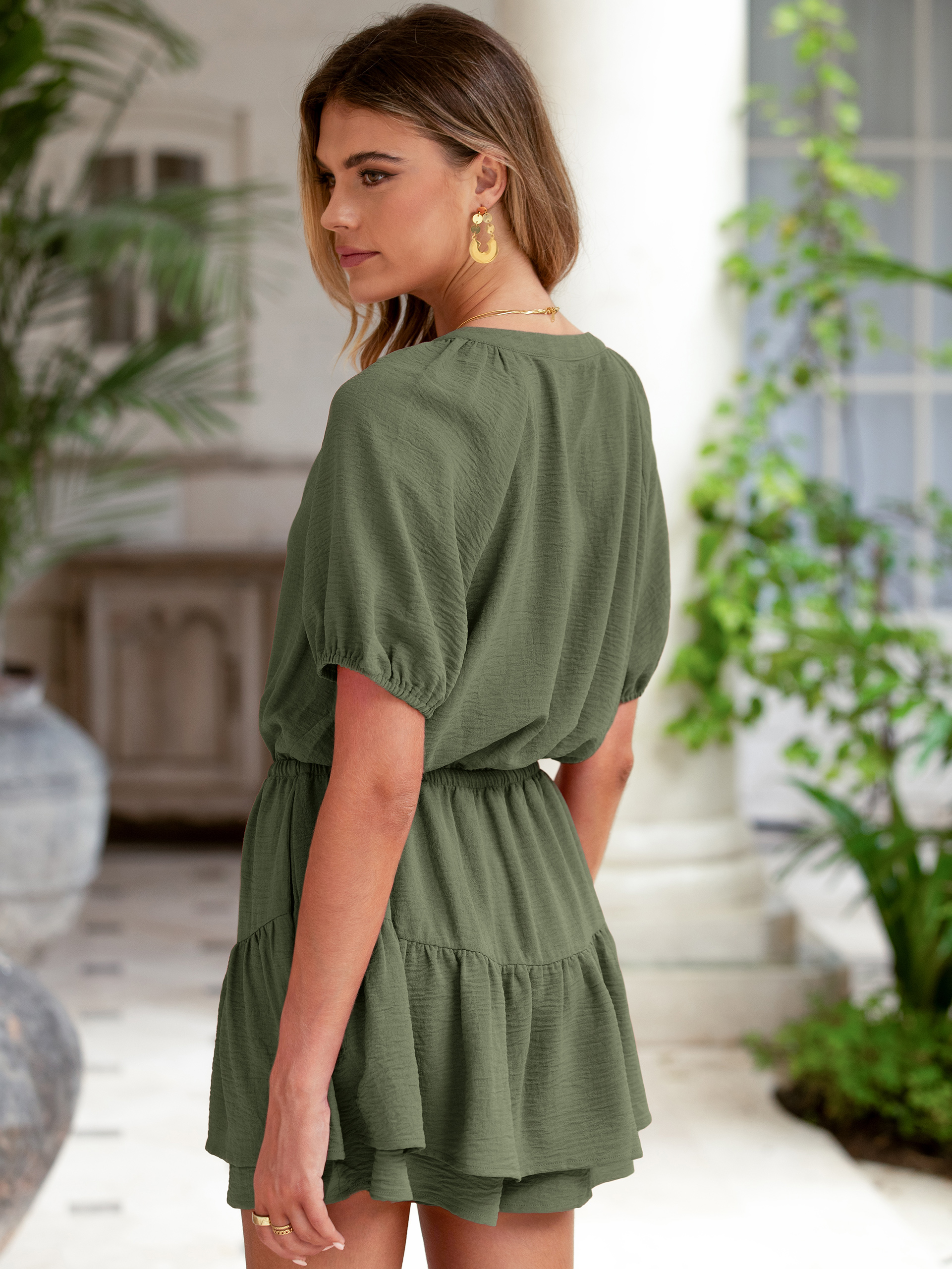 Ruffle V Neck Short Sleeve Tie Waist Romper