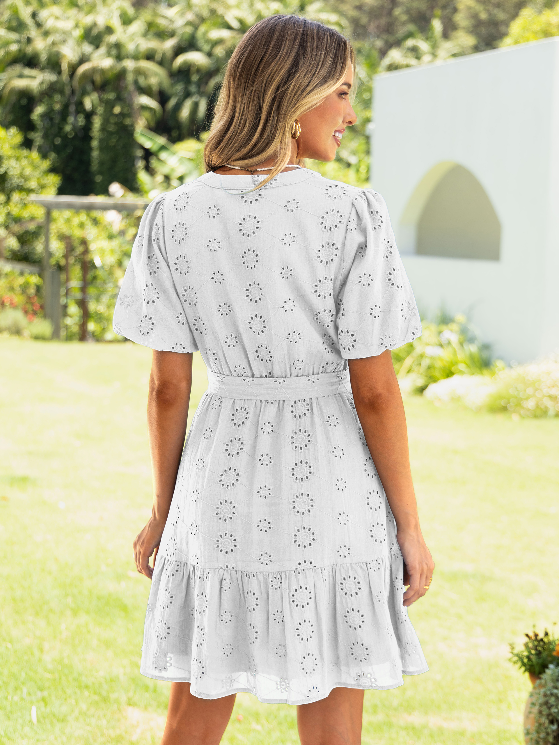 Eyelet Embroidery V-Neck Puff Sleeve Mini Dress