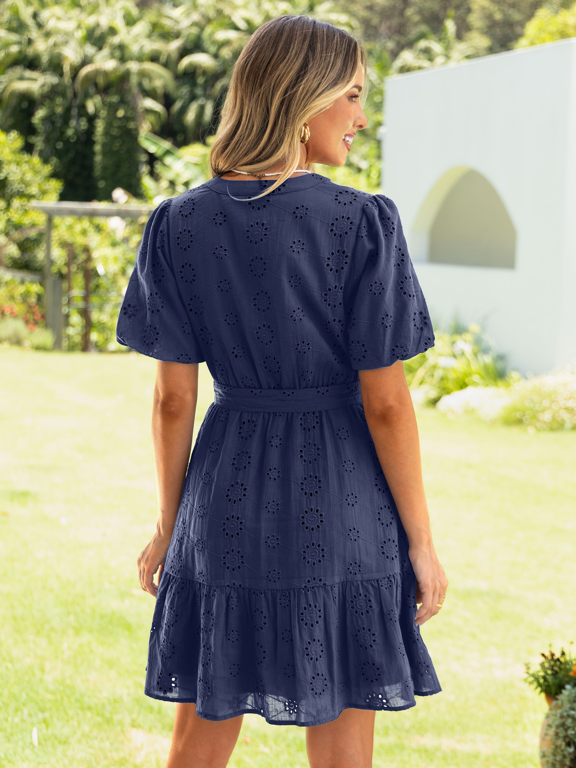 Eyelet Embroidery V-Neck Puff Sleeve Mini Dress