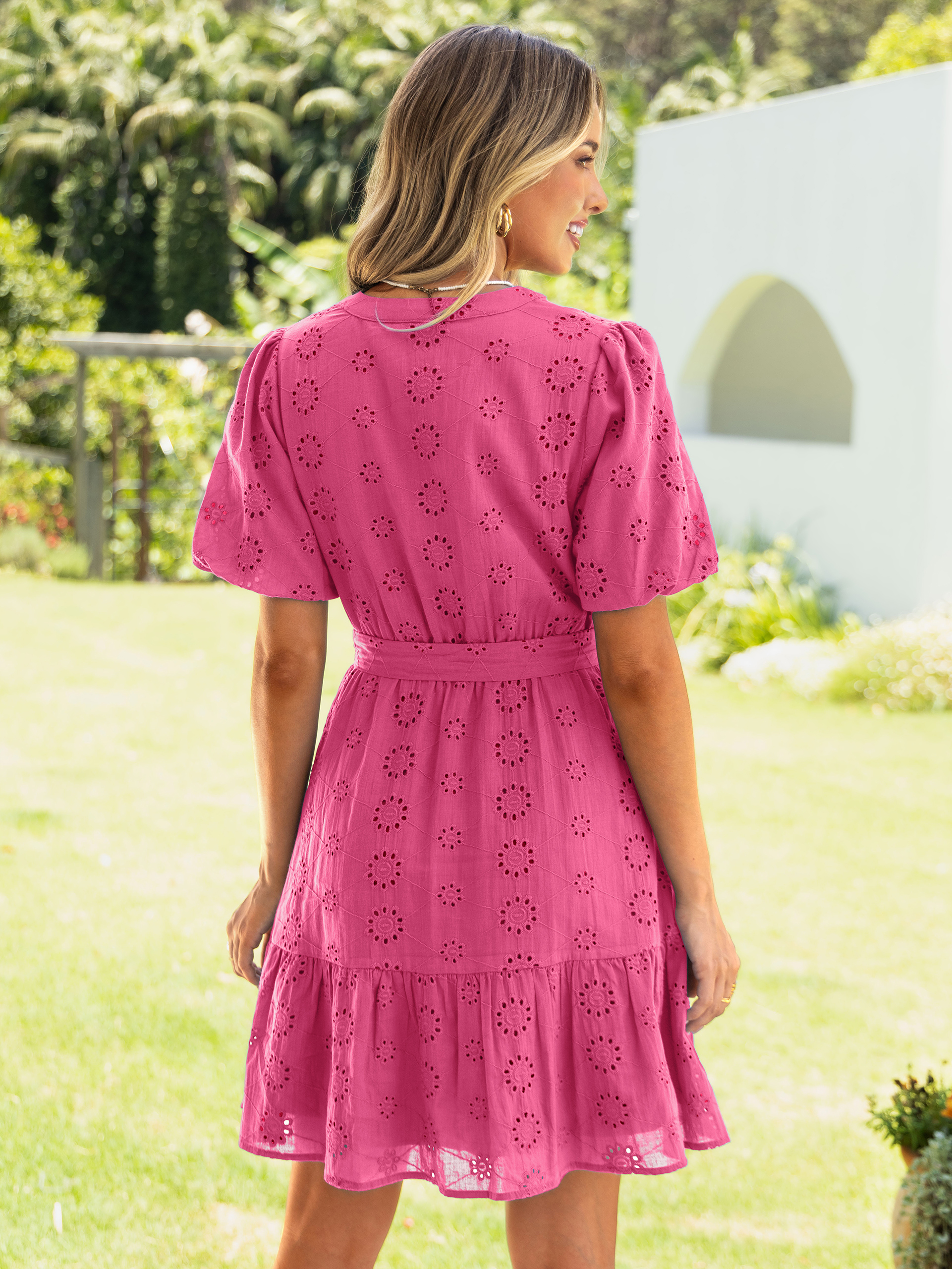 Eyelet Embroidery V-Neck Puff Sleeve Mini Dress