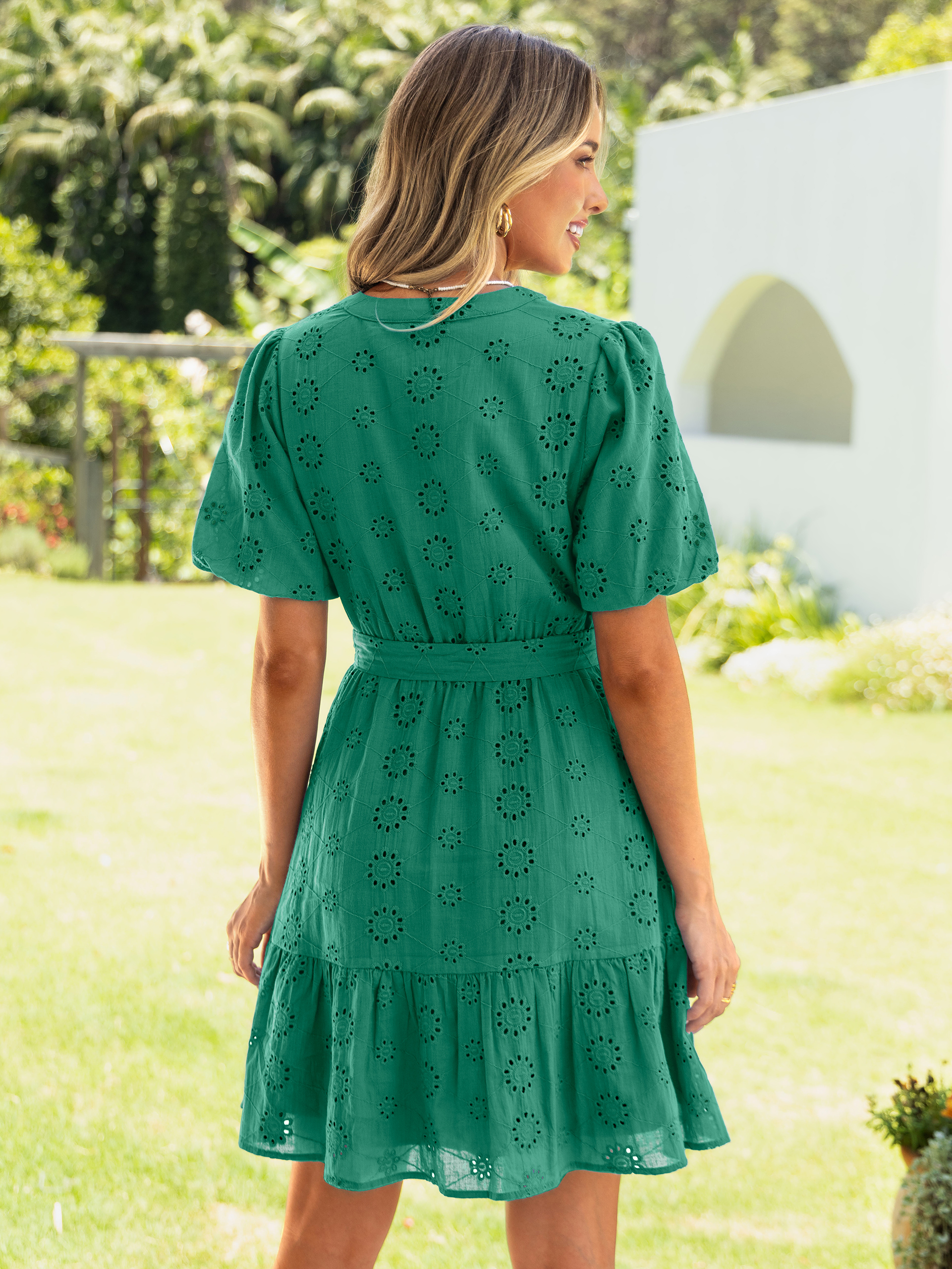 Eyelet Embroidery V-Neck Puff Sleeve Mini Dress