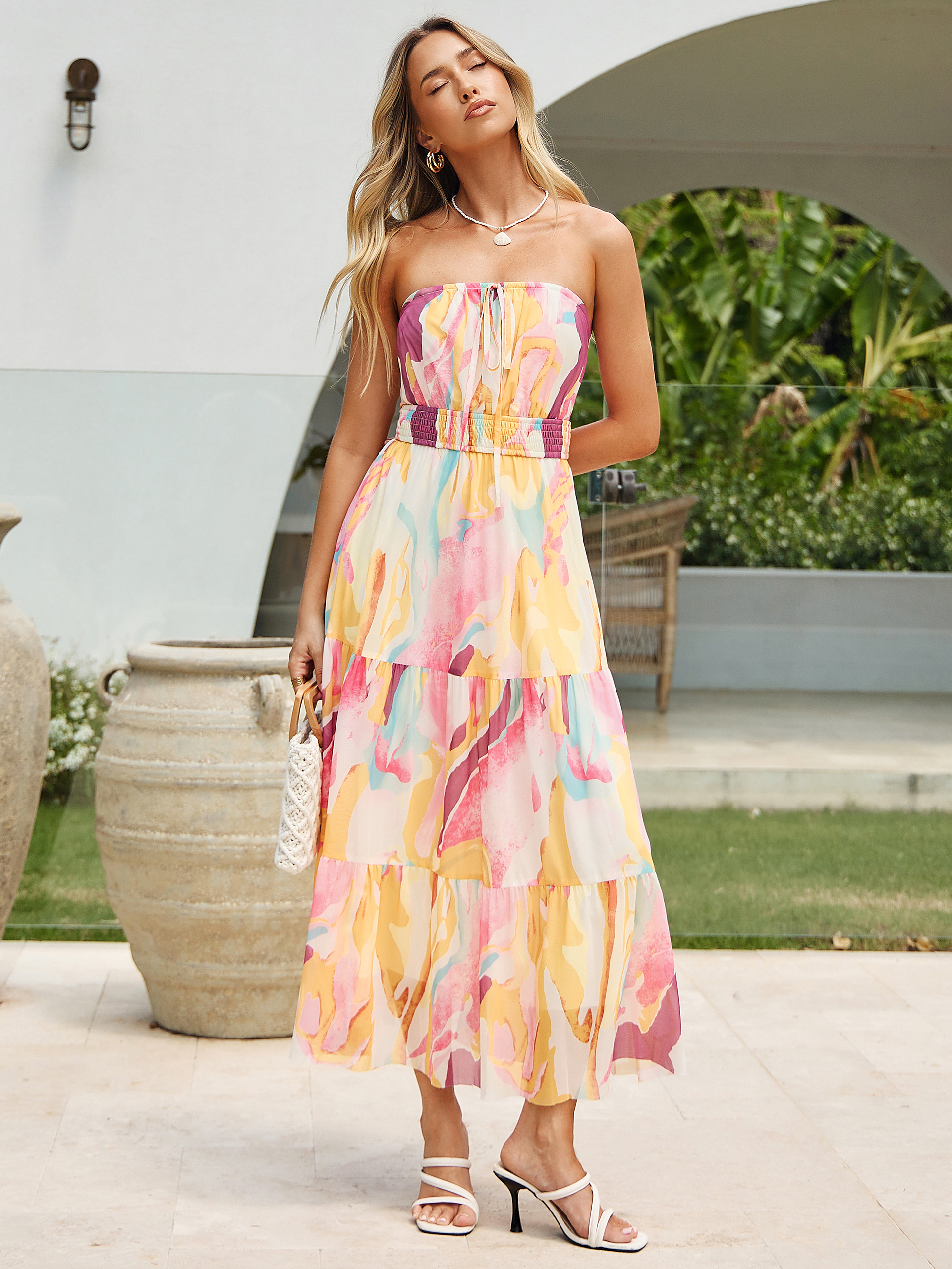 Floral Strapless Smocked Tiered Mesh Maxi Dress