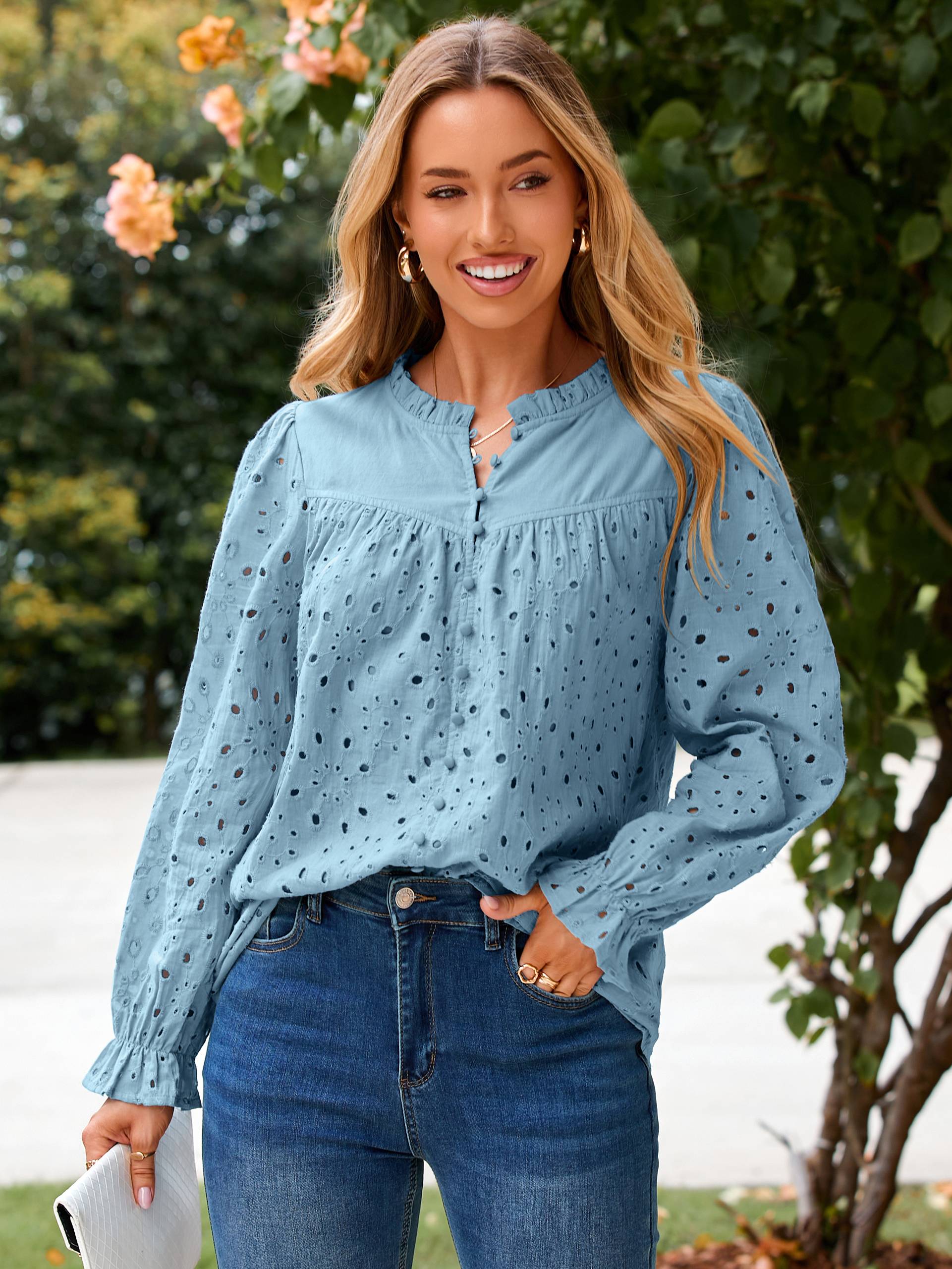 Eyelet Lace Puff Sleeve Button Down Blouse - Grey Blue