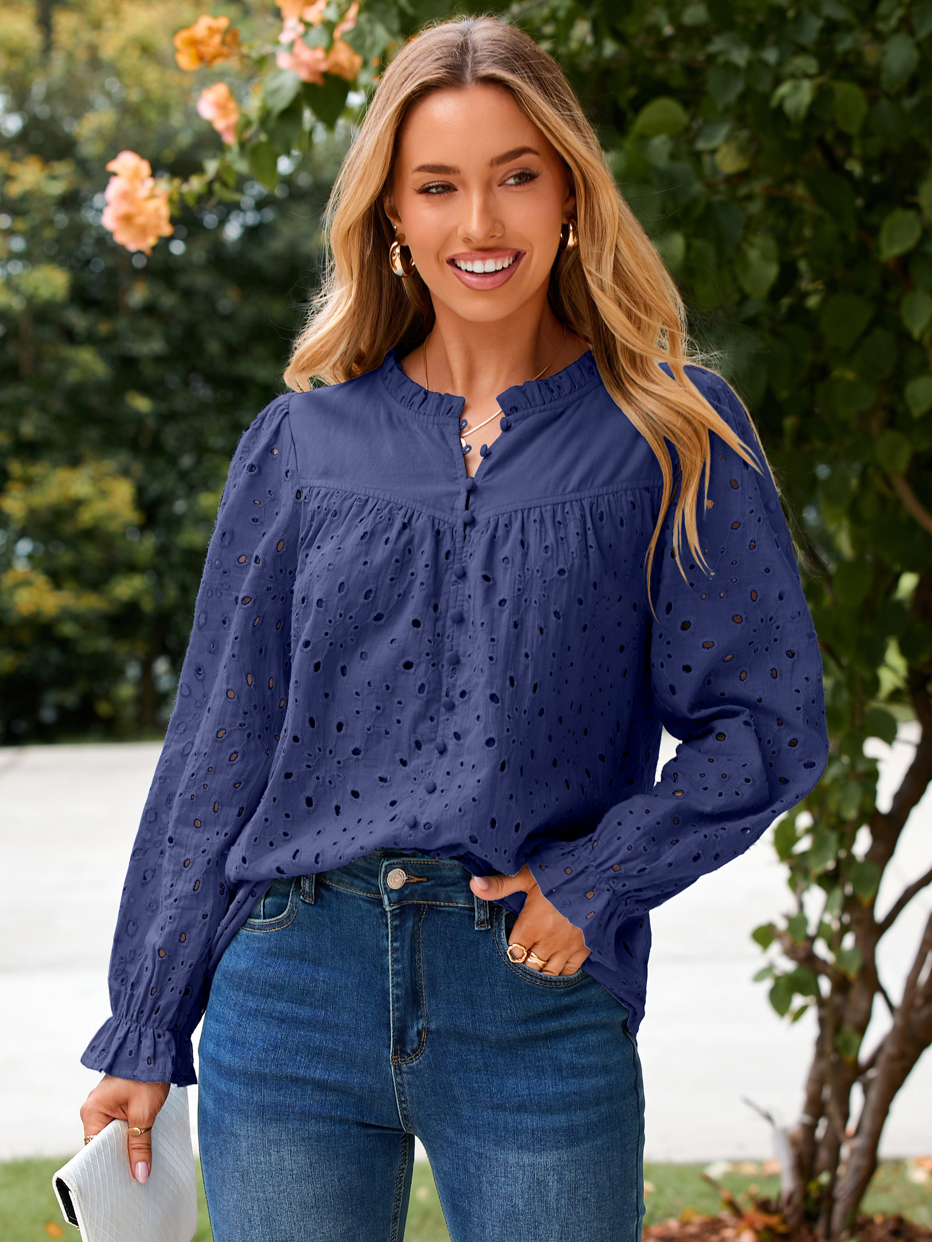 Eyelet Lace Puff Sleeve Button Down Blouse - Navy Blue
