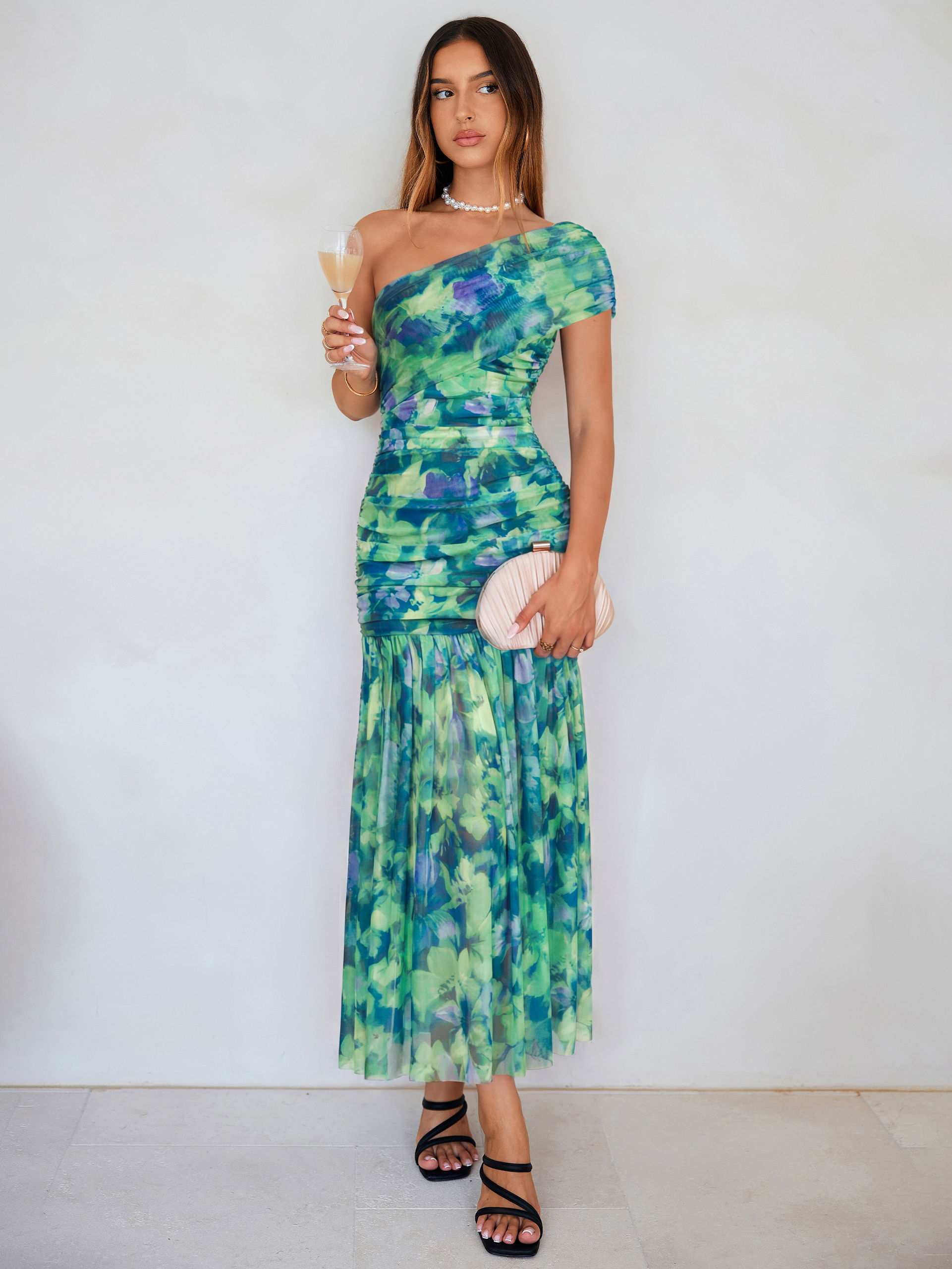 One Shoulder Floral Ruched Mesh Bodycon Dress