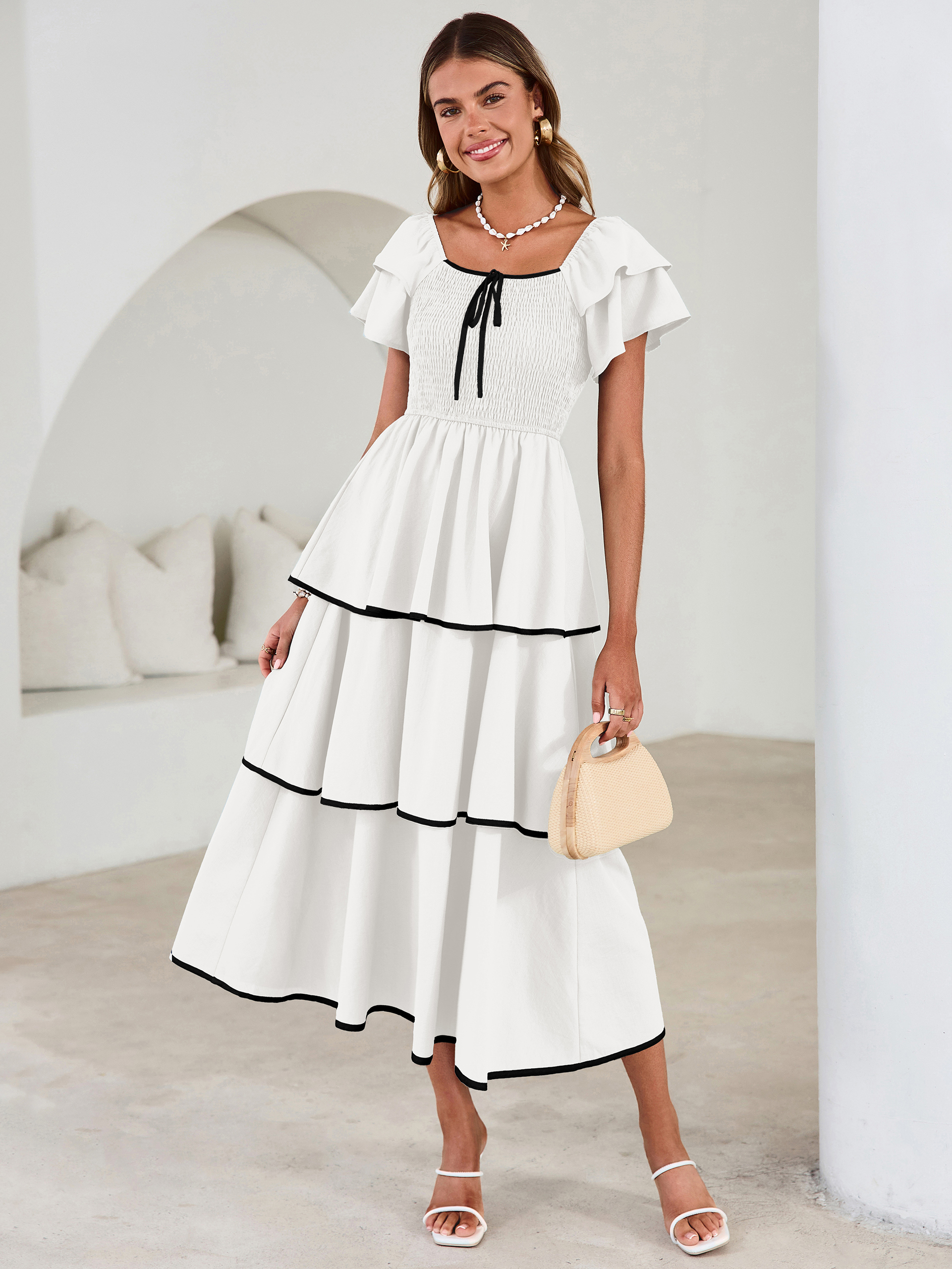 Ruched Off Shoulder Tiered Maxi Dress - White