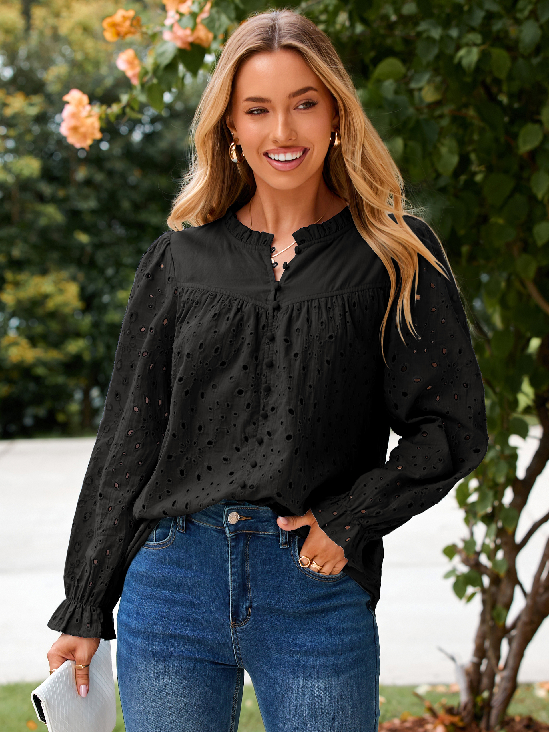 Eyelet Lace Puff Sleeve Button Down Blouse - Black