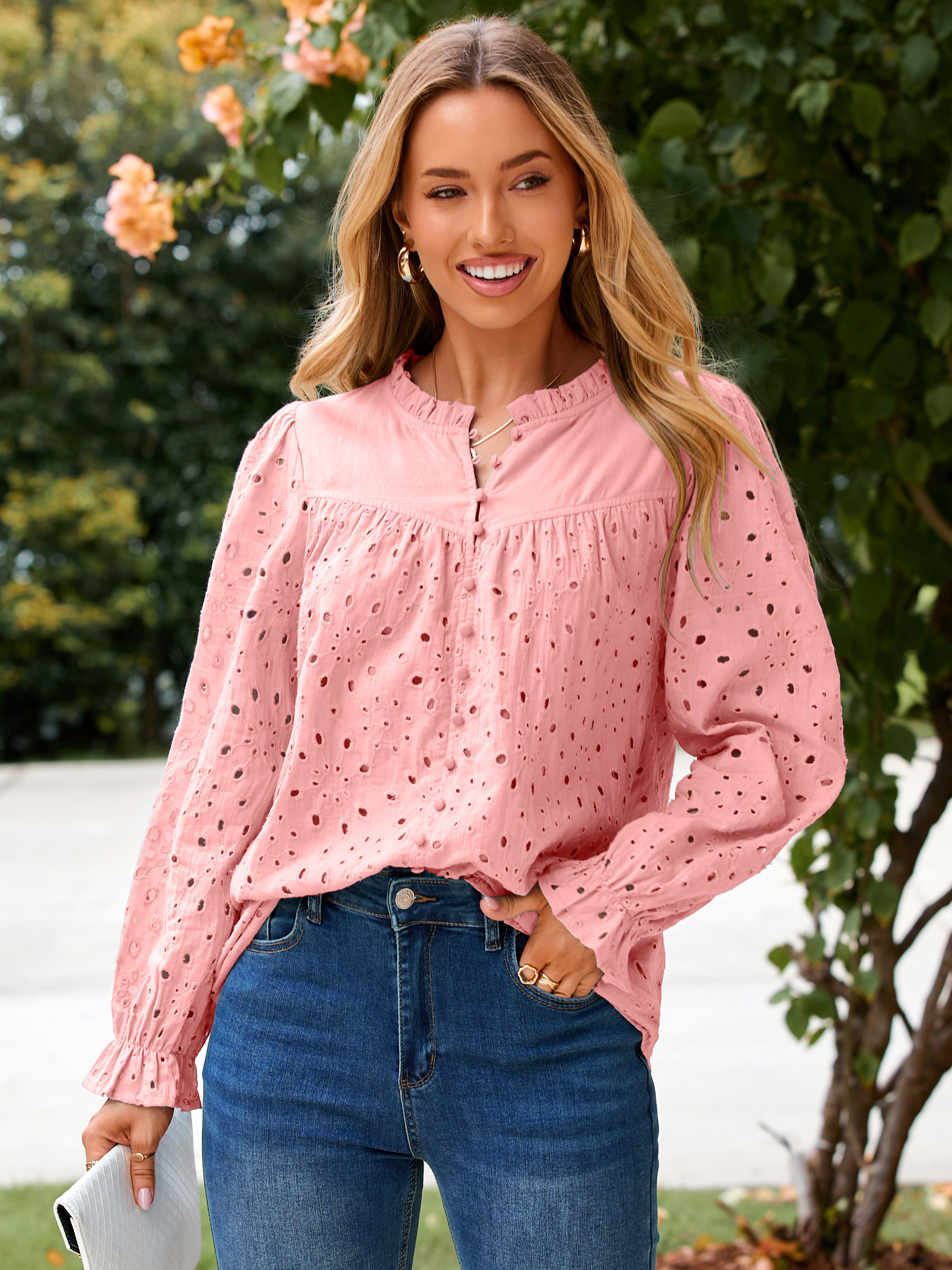 Eyelet Lace Puff Sleeve Button Down Blouse - Pink