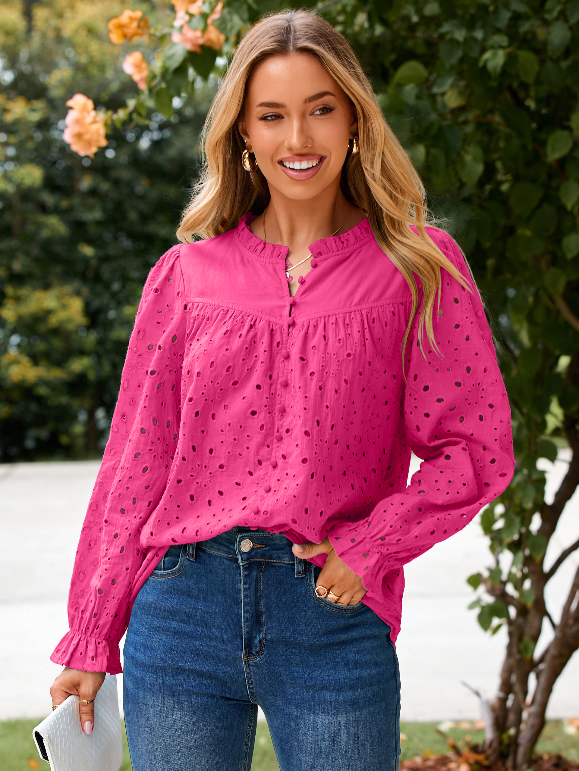 Eyelet Lace Puff Sleeve Button Down Blouse - Rose Red