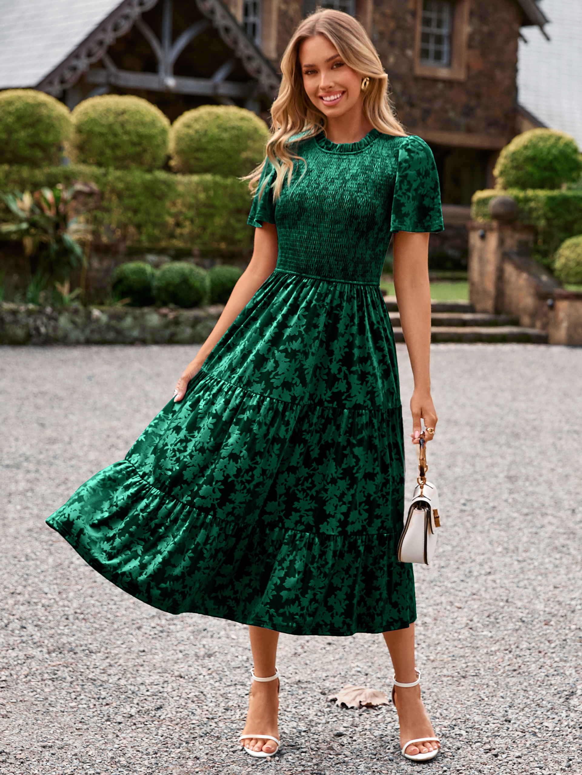 Ruffle Neck Smocked Velvet Floral Maxi Dress