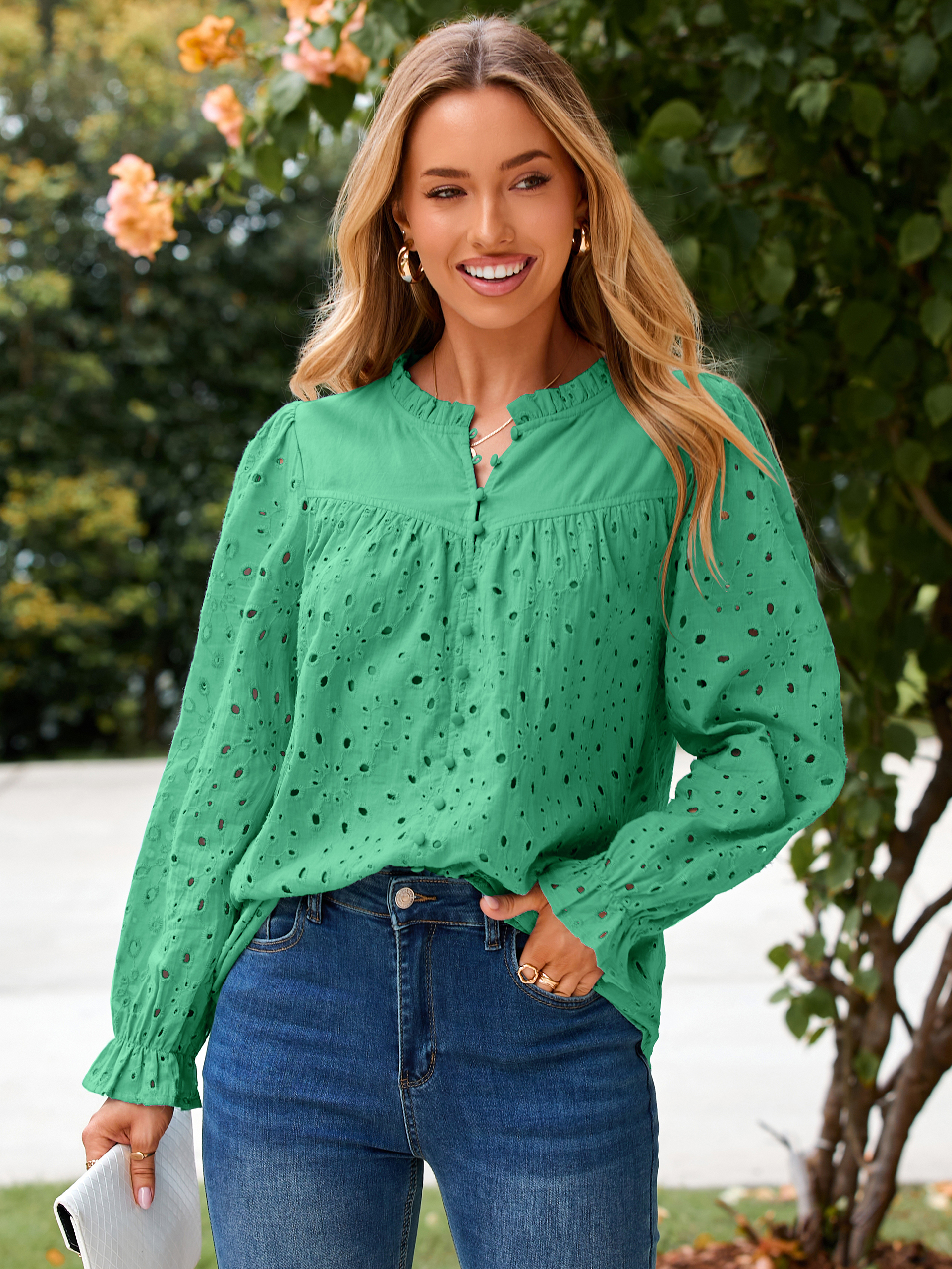 Eyelet Lace Puff Sleeve Button Down Blouse - Green