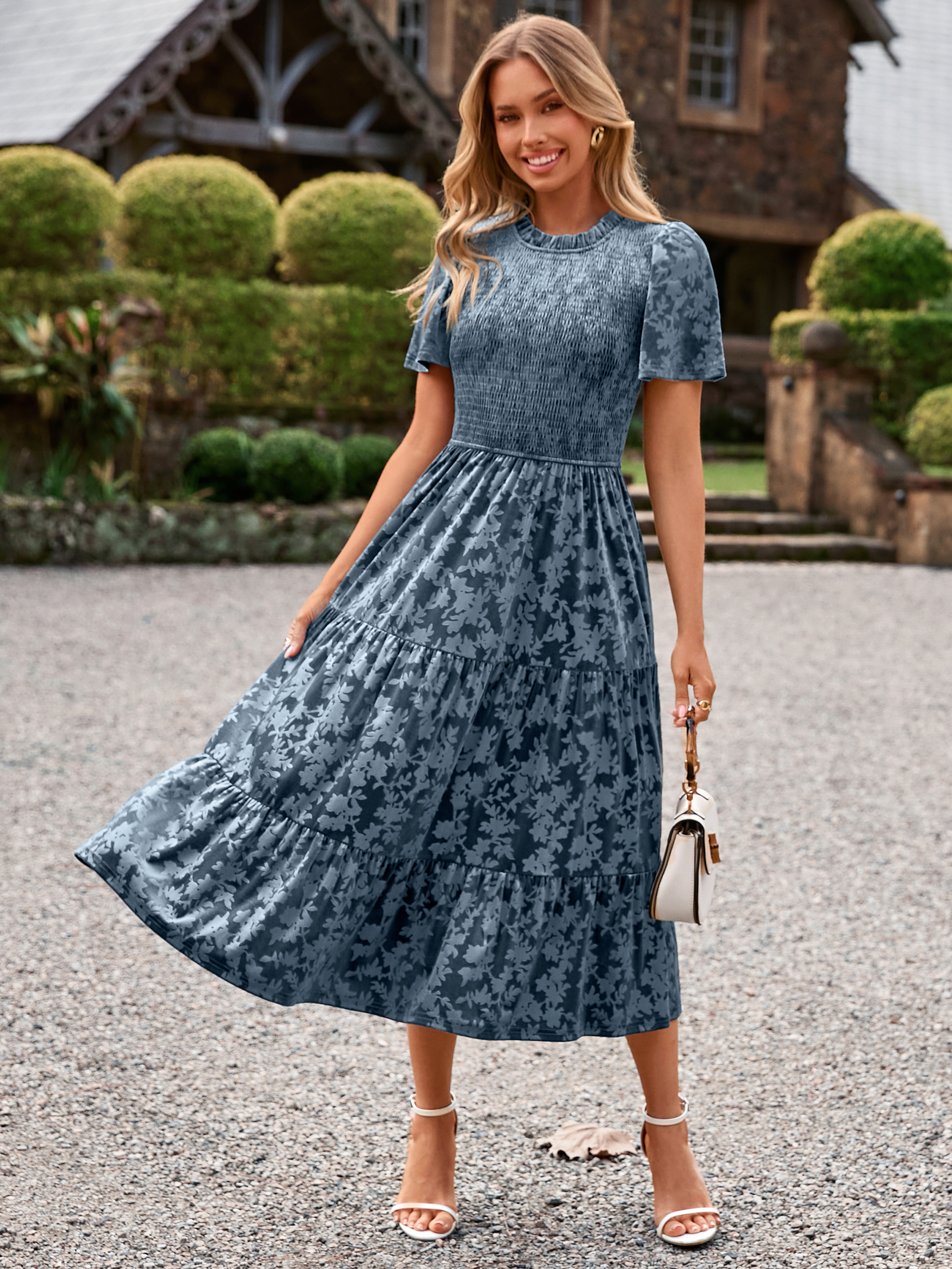 Ruffle Neck Smocked Velvet Floral Maxi Dress