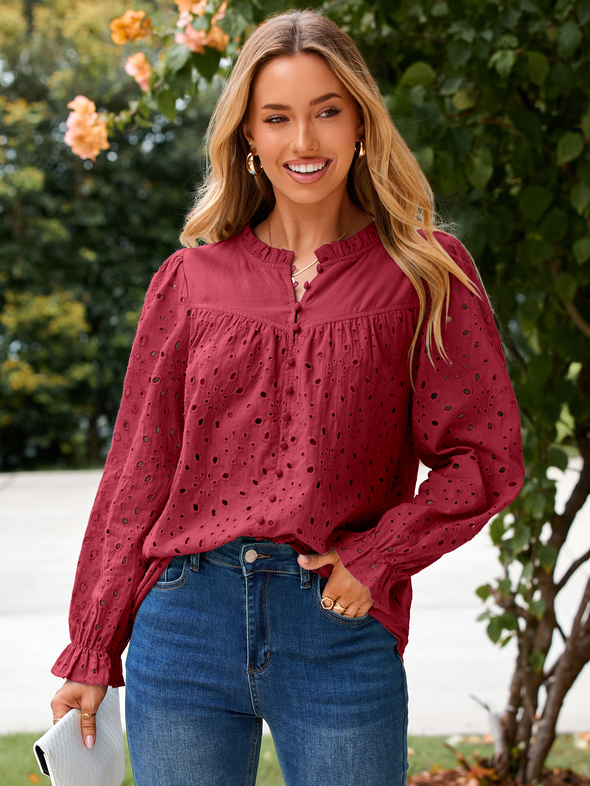 Eyelet Lace Puff Sleeve Button Down Blouse - Wine Red