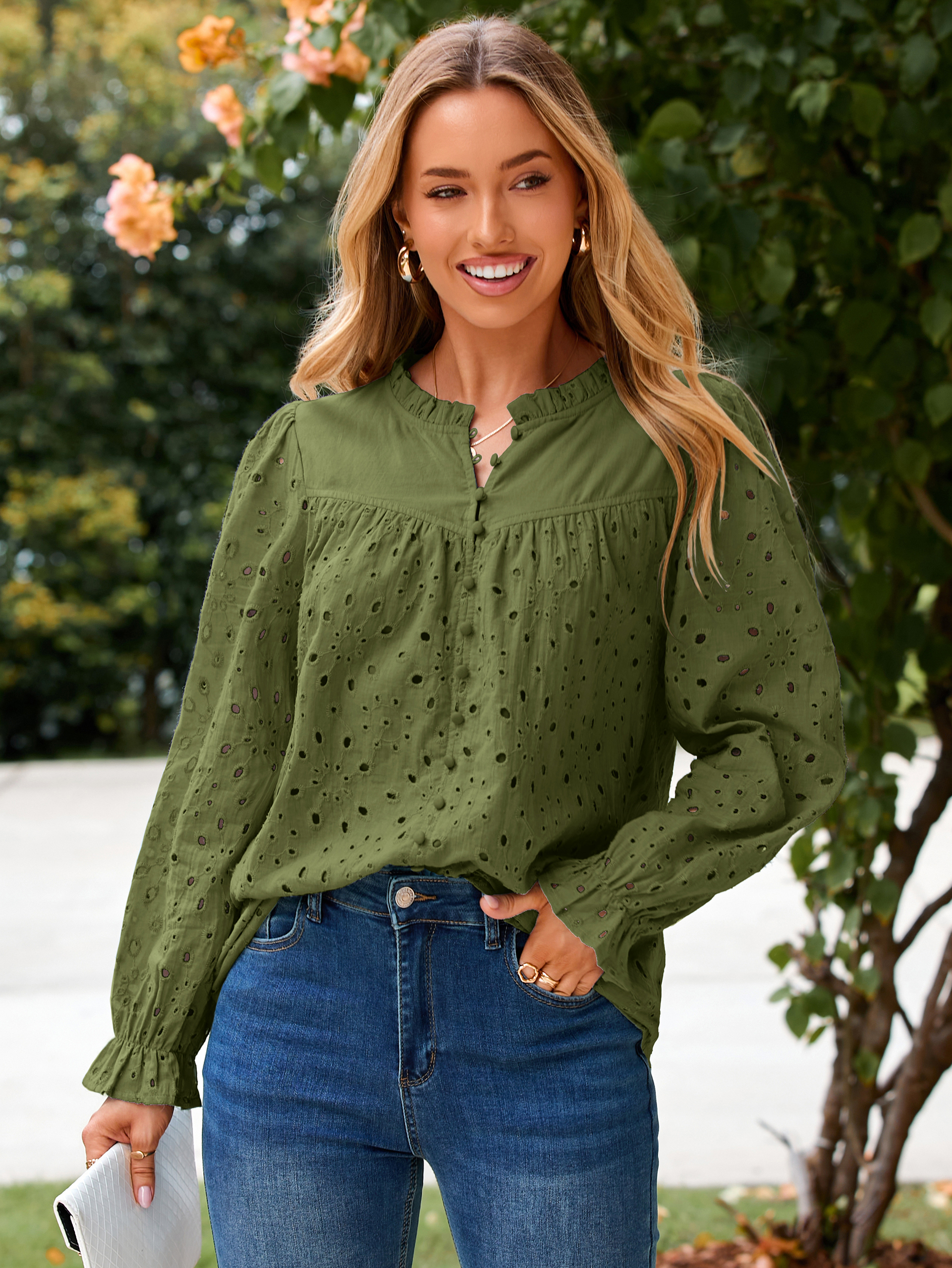 Eyelet Lace Puff Sleeve Button Down Blouse - Army Green