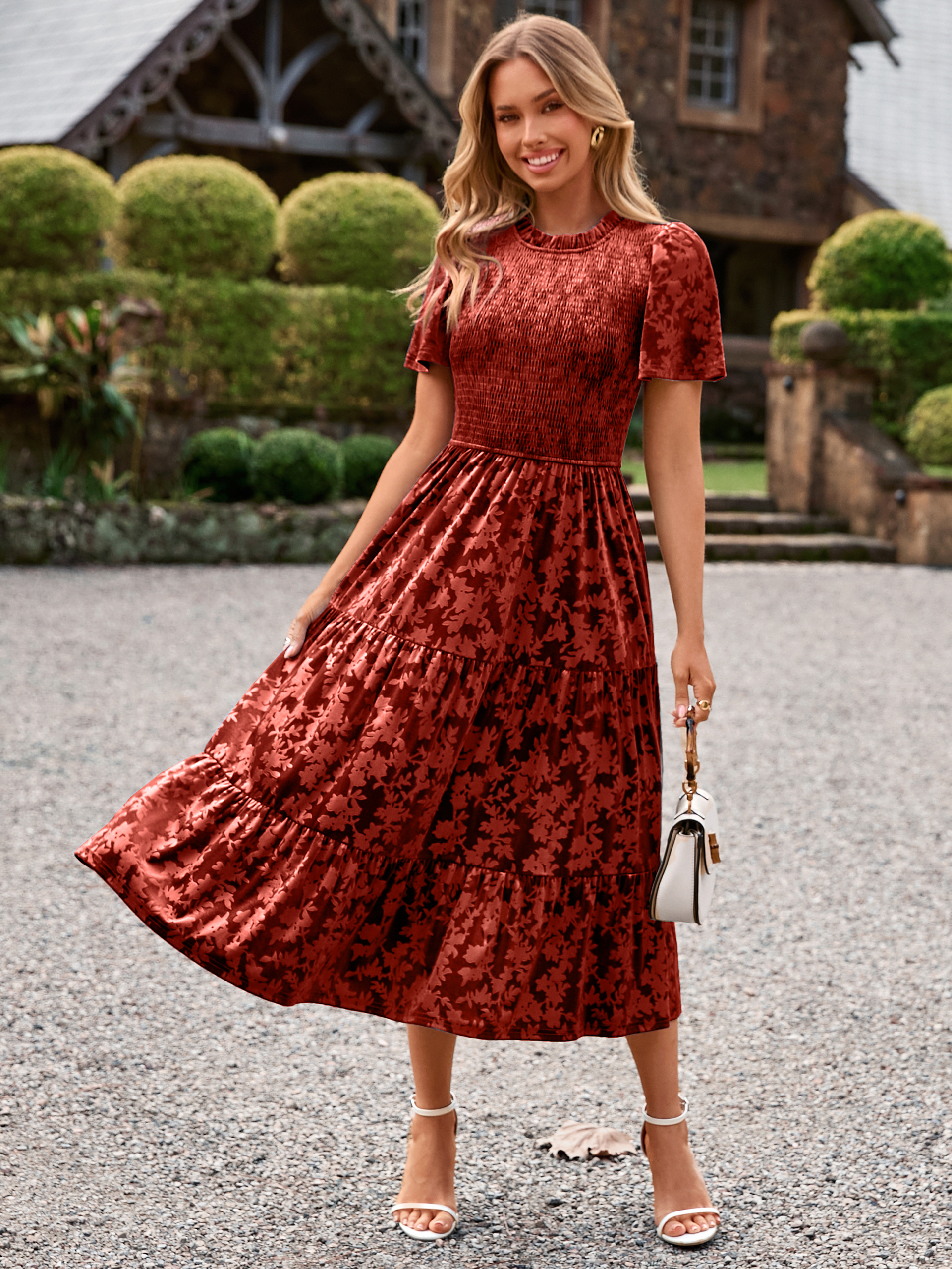 Ruffle Neck Smocked Velvet Floral Maxi Dress