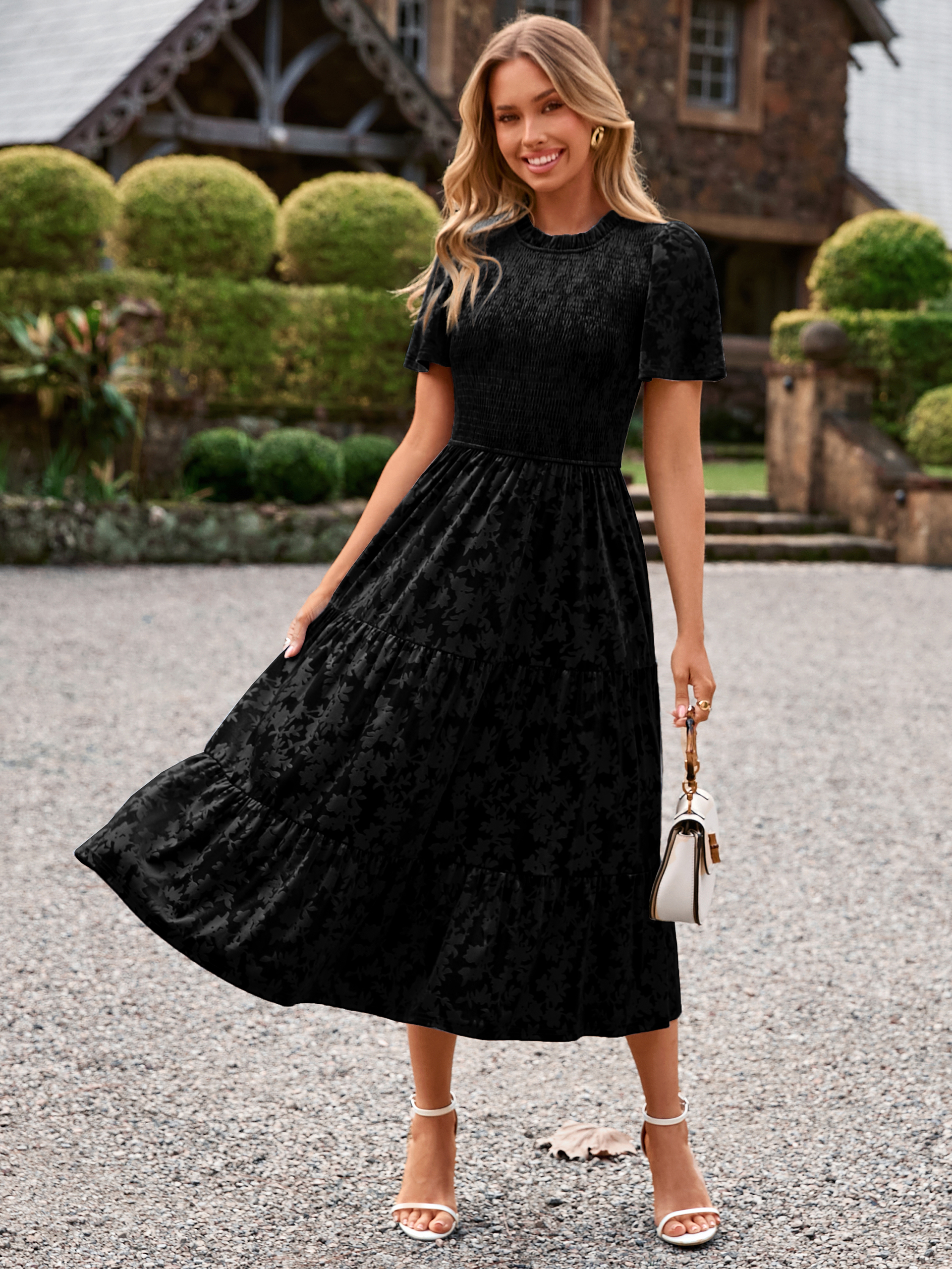 Ruffle Neck Smocked Velvet Floral Maxi Dress