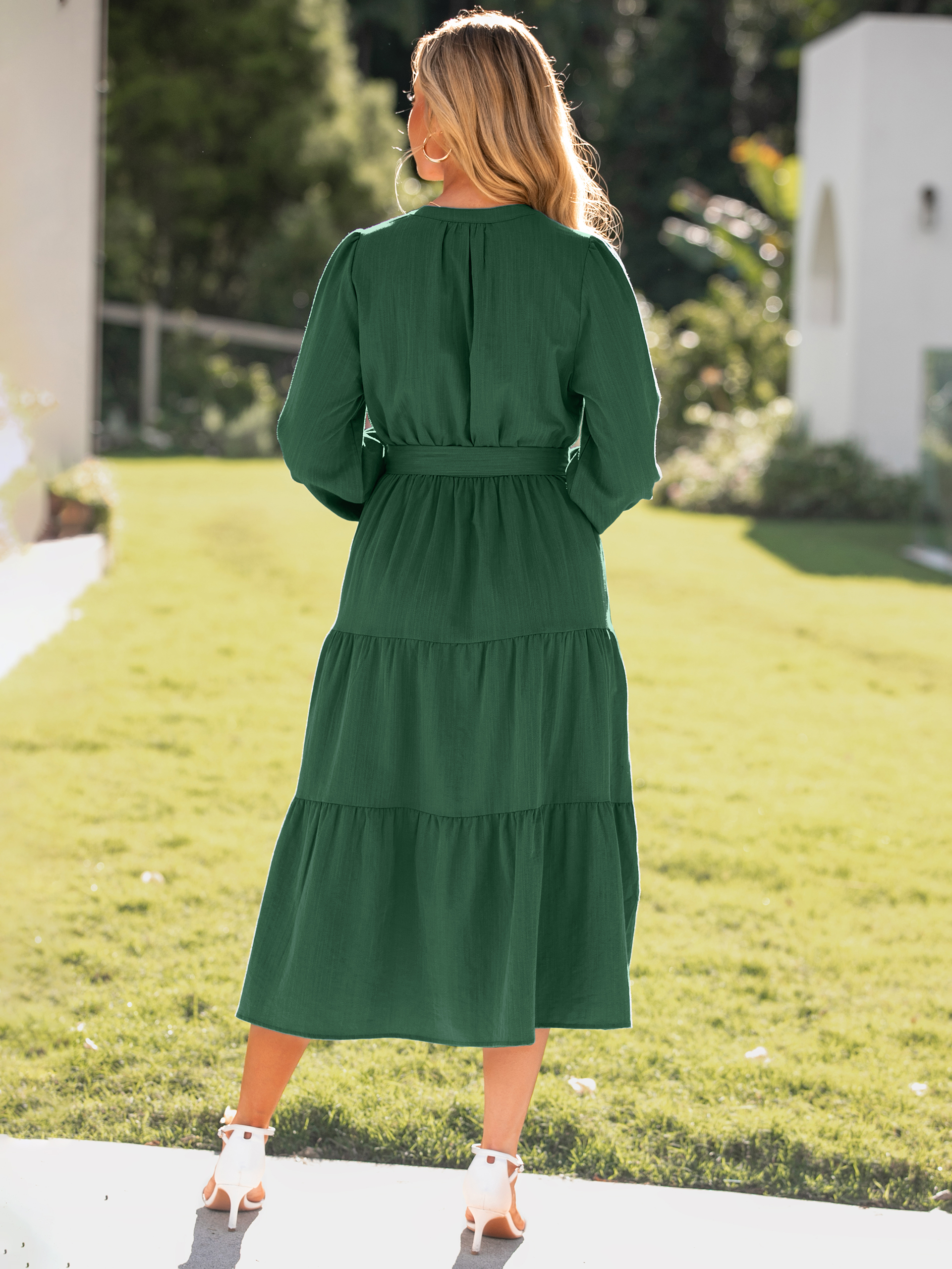 Button Down Tie Waist Long Sleeve Midi Dress - Dark Green