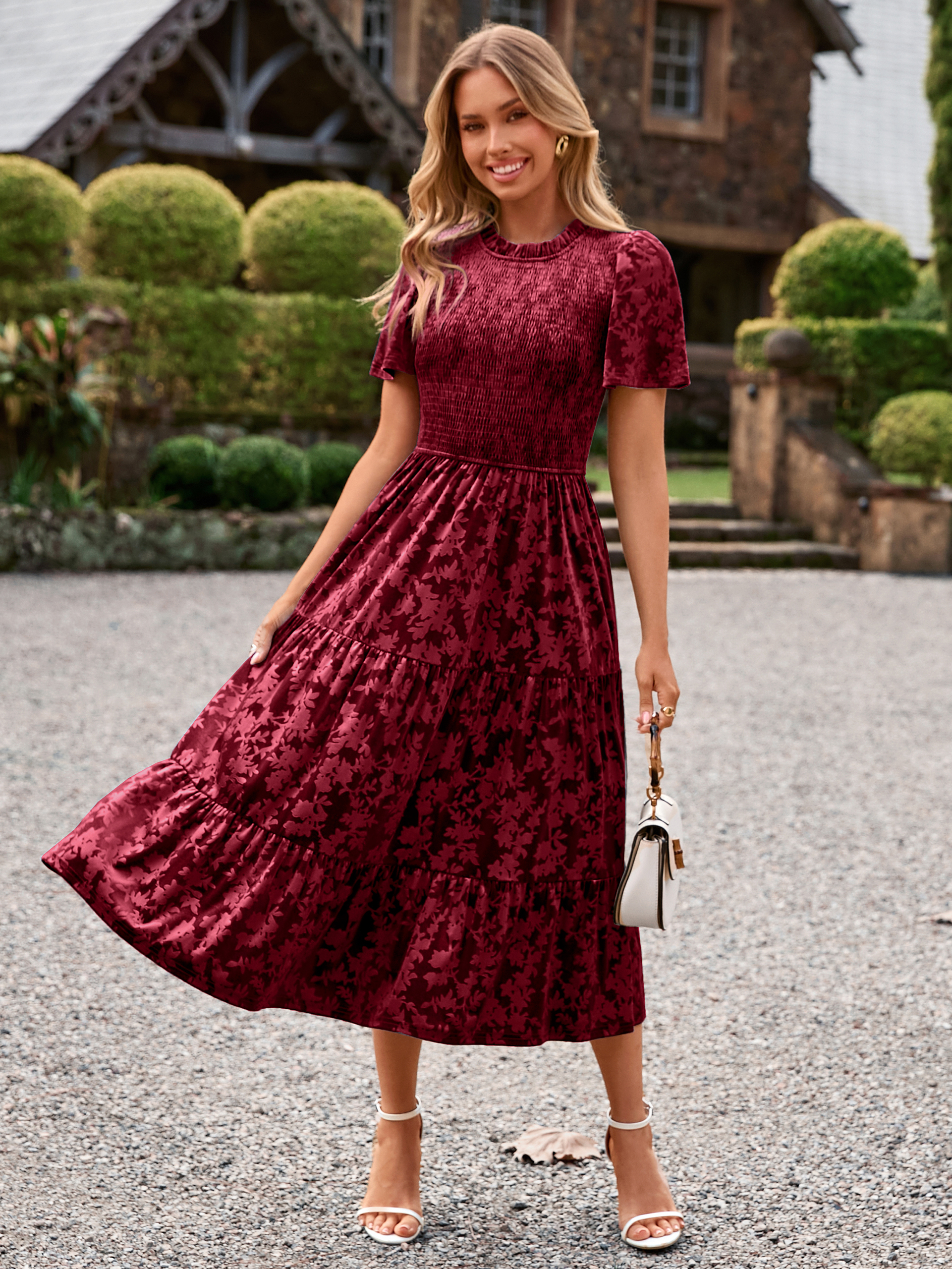 Ruffle Neck Smocked Velvet Floral Maxi Dress