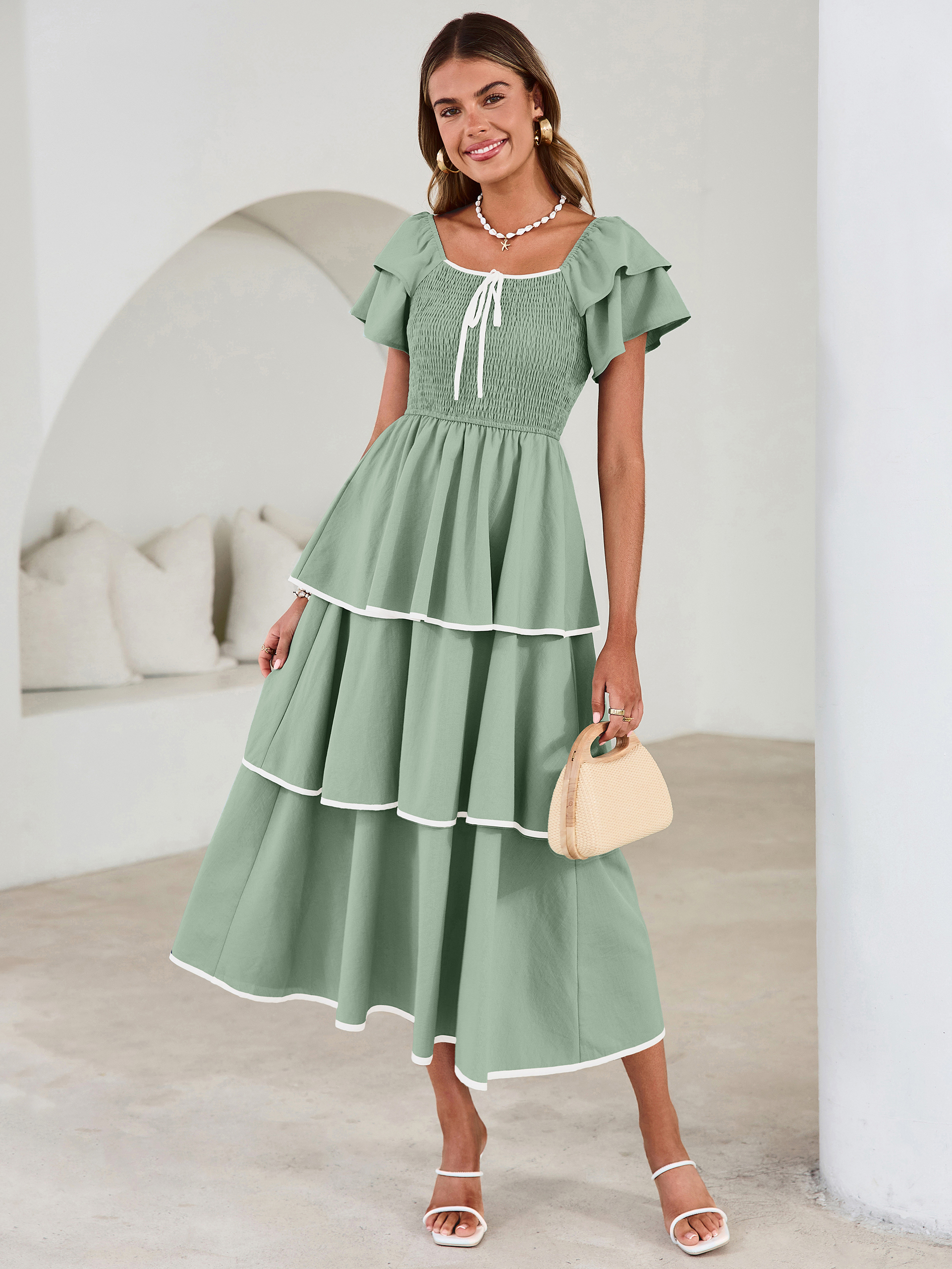 Ruched Off Shoulder Tiered Maxi Dress - Sage Green