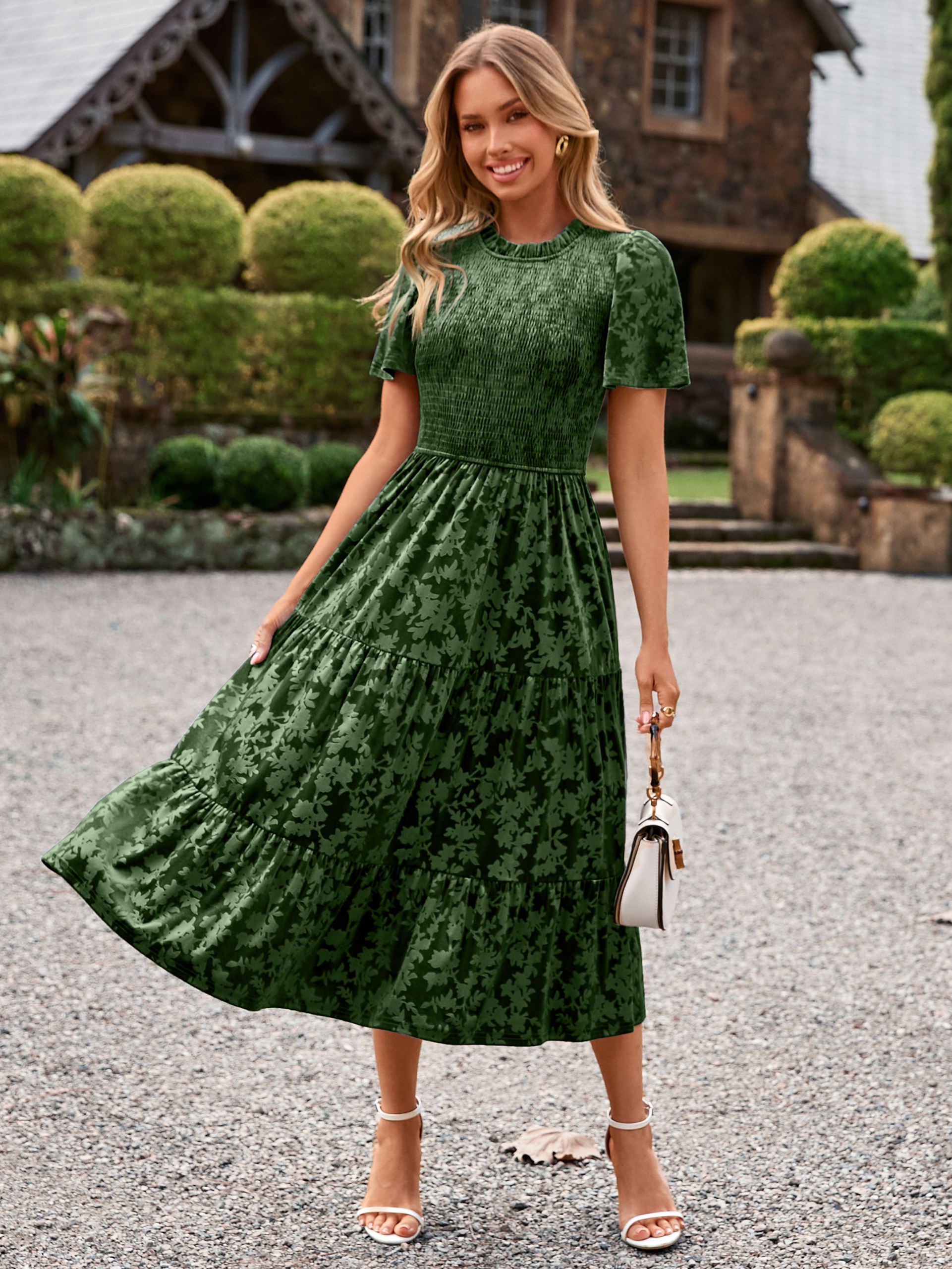 Ruffle Neck Smocked Velvet Floral Maxi Dress