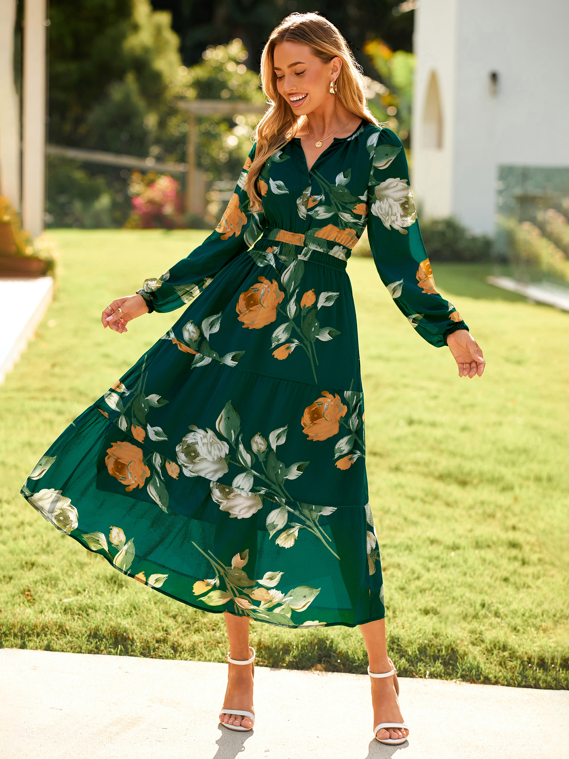 Boho Floral Long Sleeve Wedding Guest Maxi Dress - Green Floral