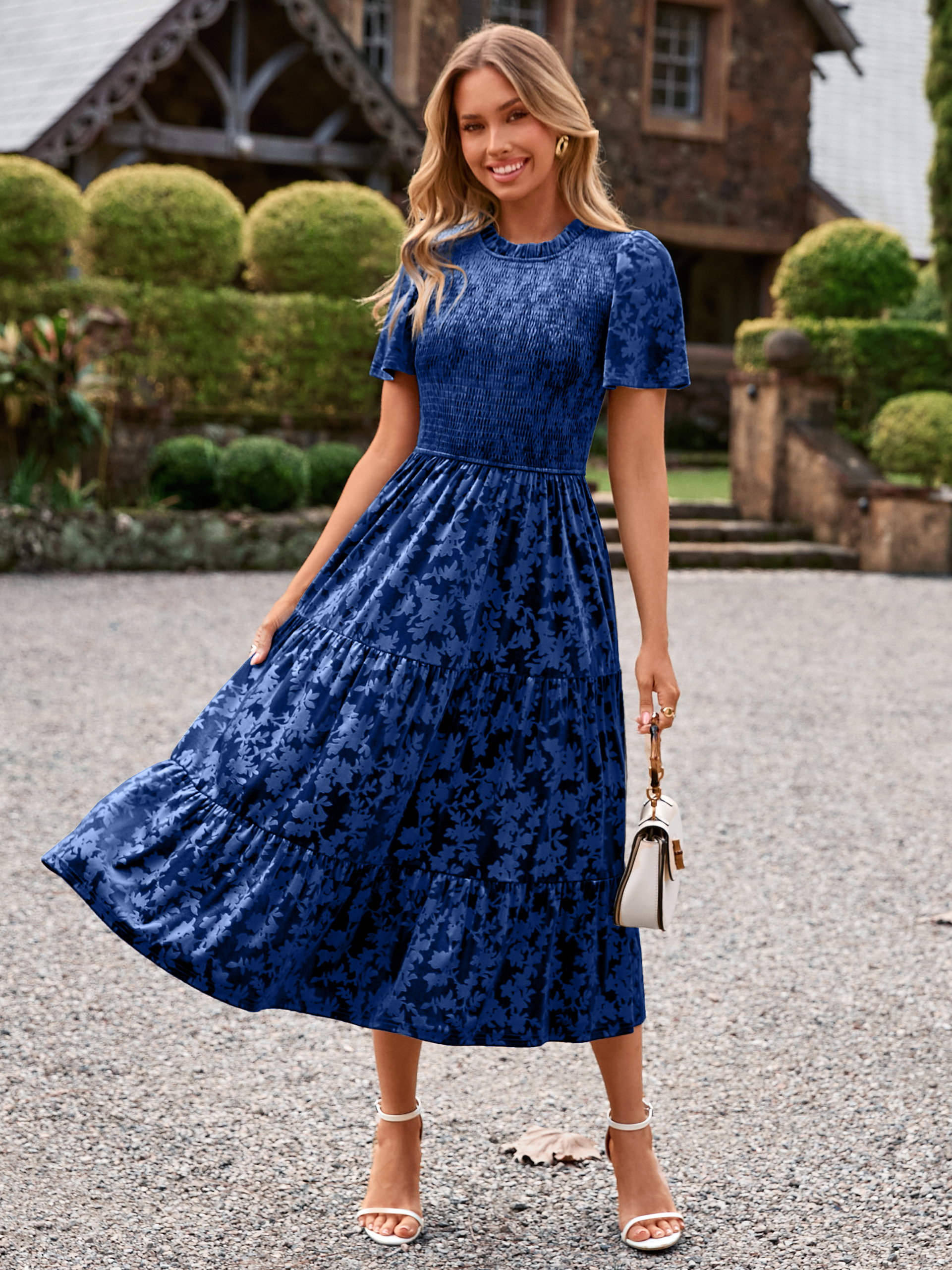 Ruffle Neck Smocked Velvet Floral Maxi Dress