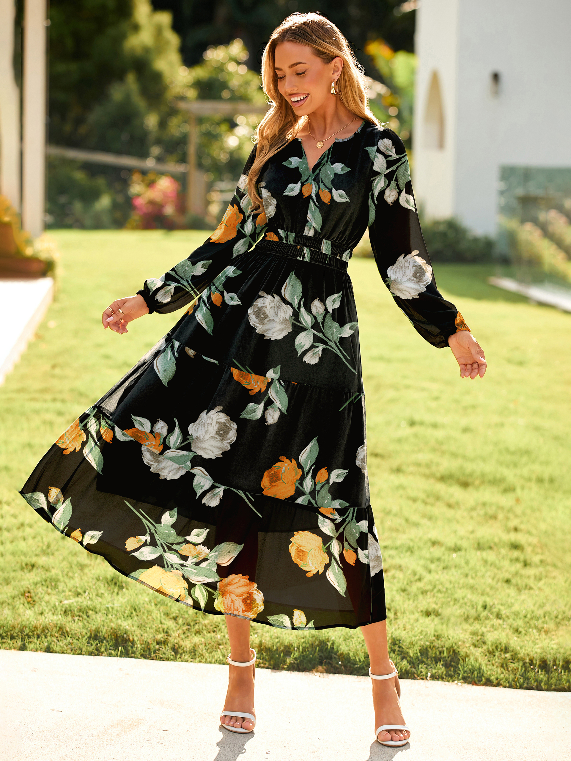 Boho Floral Long Sleeve Wedding Guest Maxi Dress - Black Floral