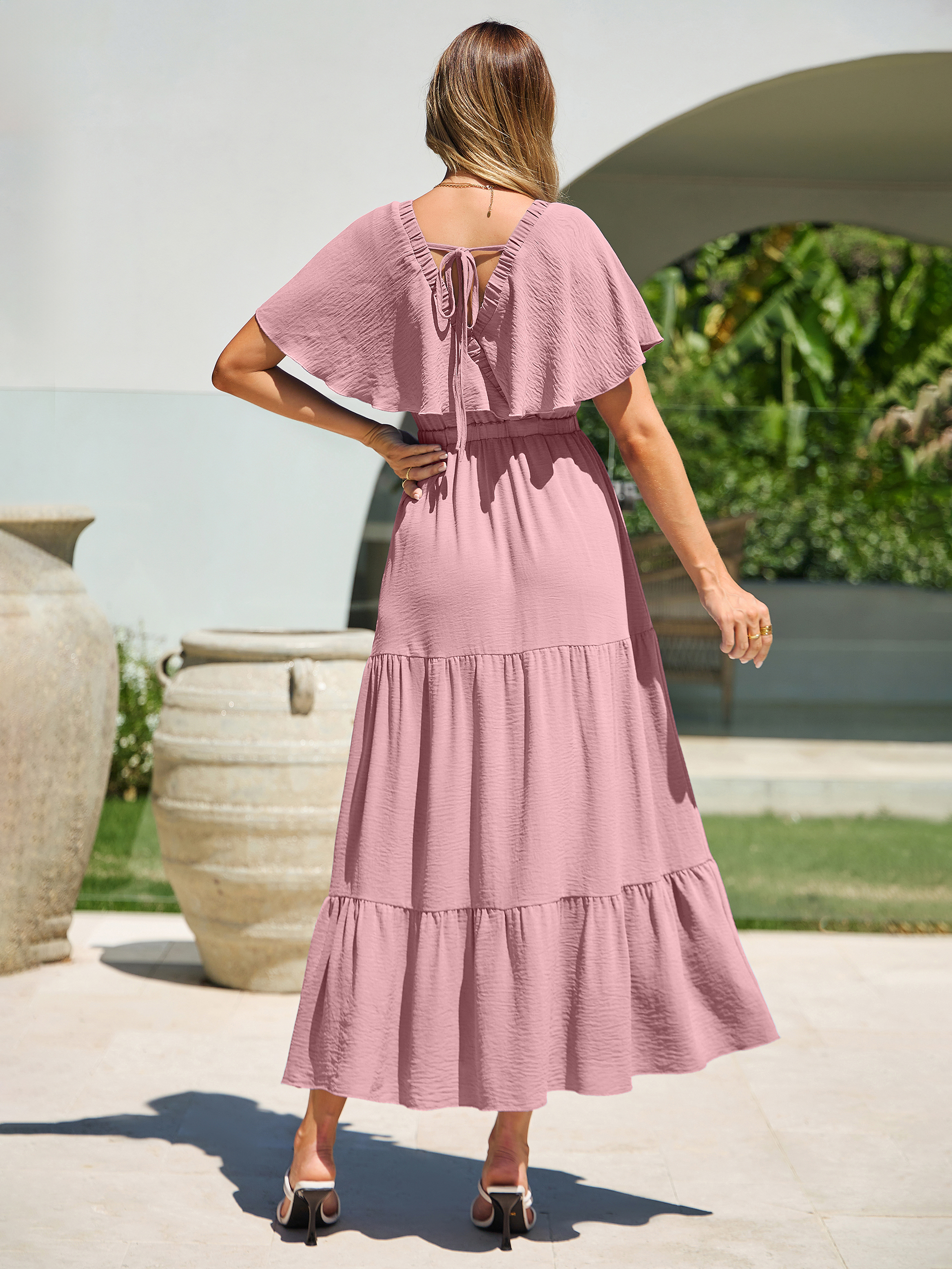 Solid Color Tiered V-Neck Ruffle Sleeve Maxi Dress