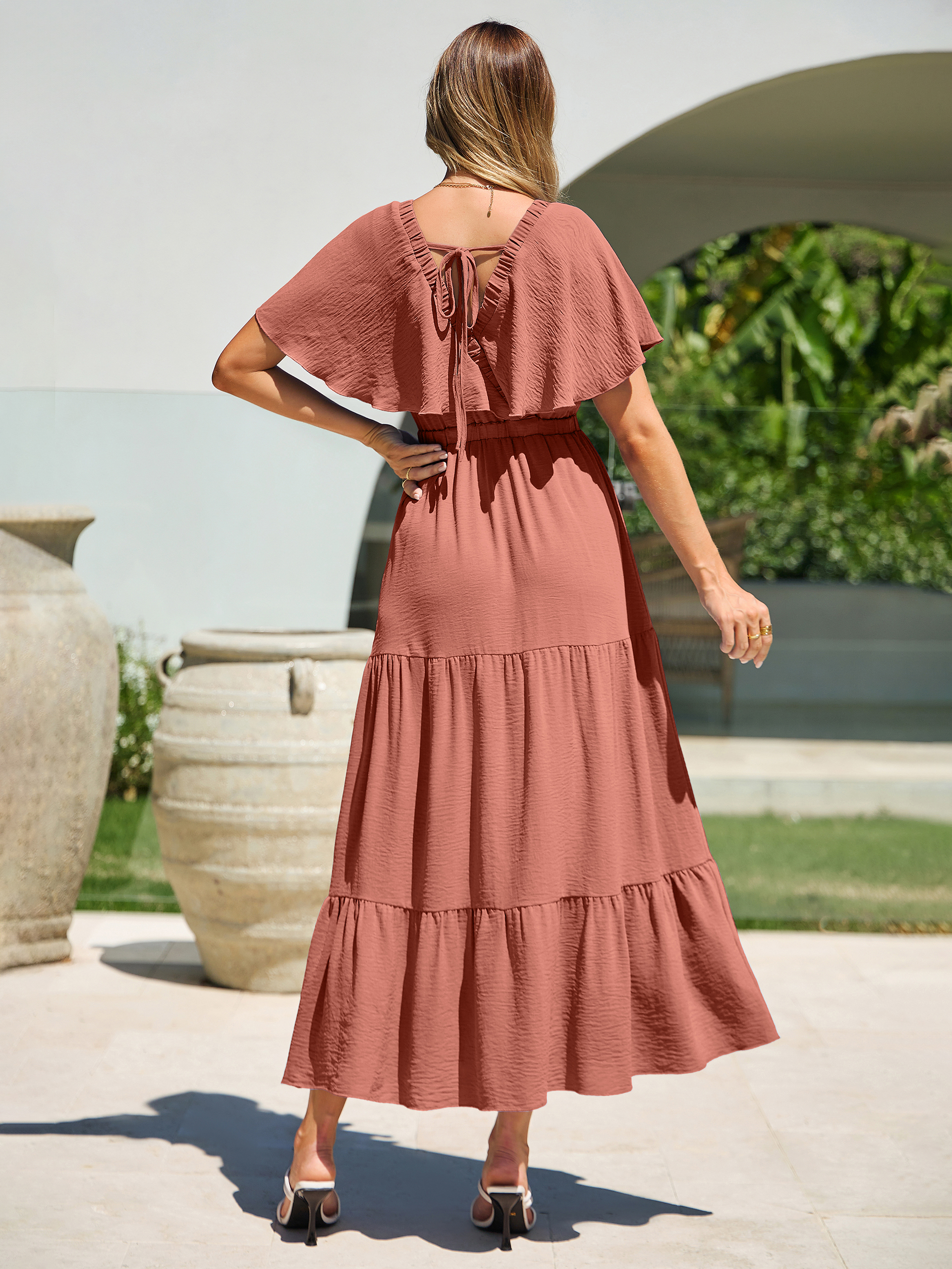 Solid Color Tiered V-Neck Ruffle Sleeve Maxi Dress