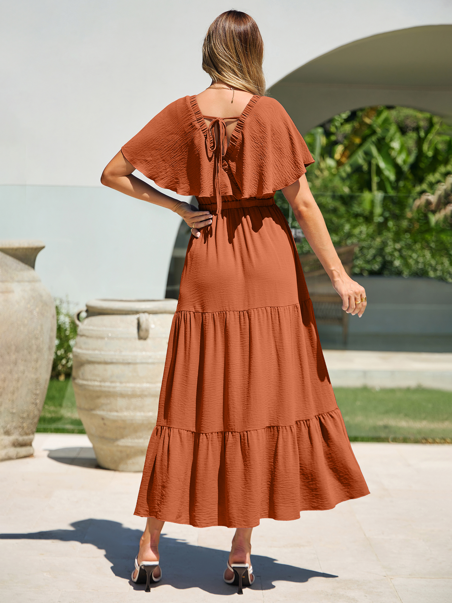 Solid Color Tiered V-Neck Ruffle Sleeve Maxi Dress