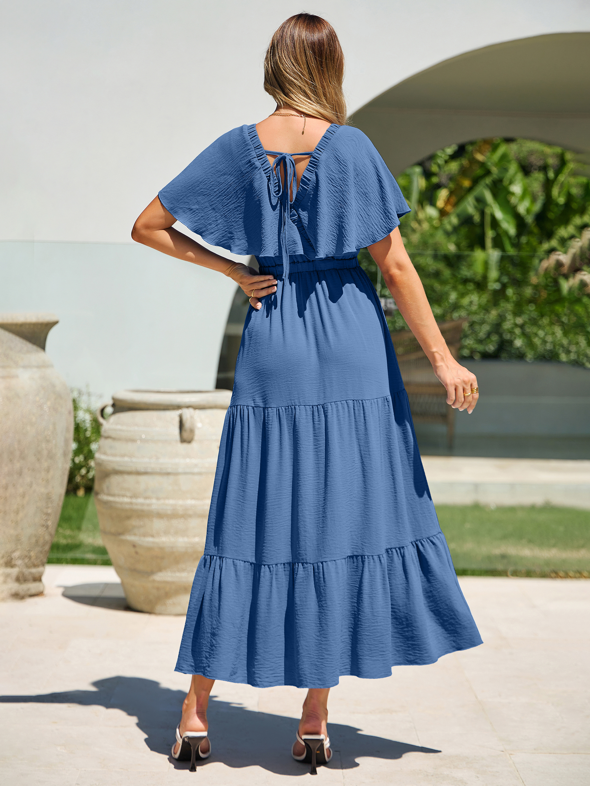 Solid Color Tiered V-Neck Ruffle Sleeve Maxi Dress