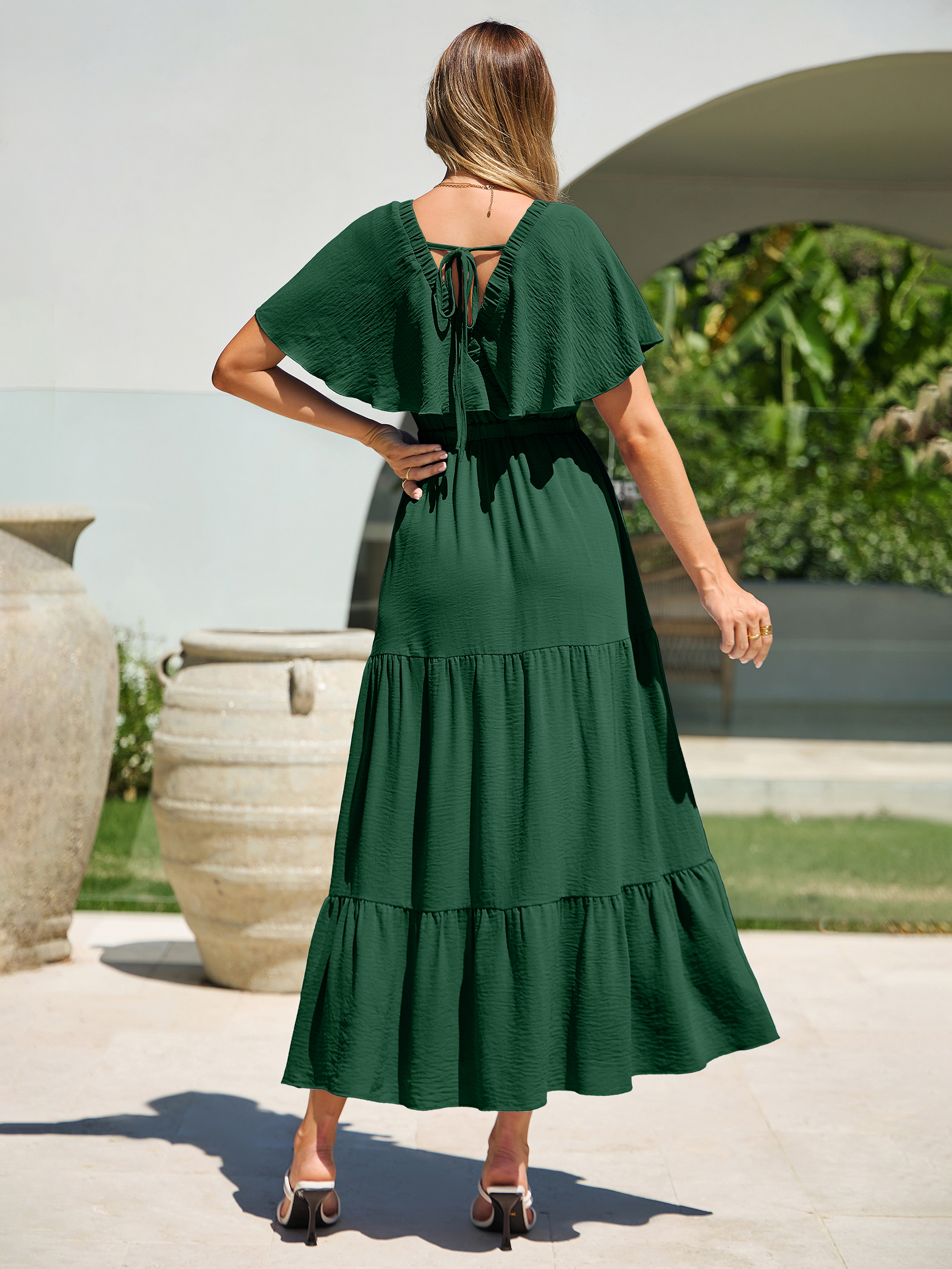 Solid Color Tiered V-Neck Ruffle Sleeve Maxi Dress