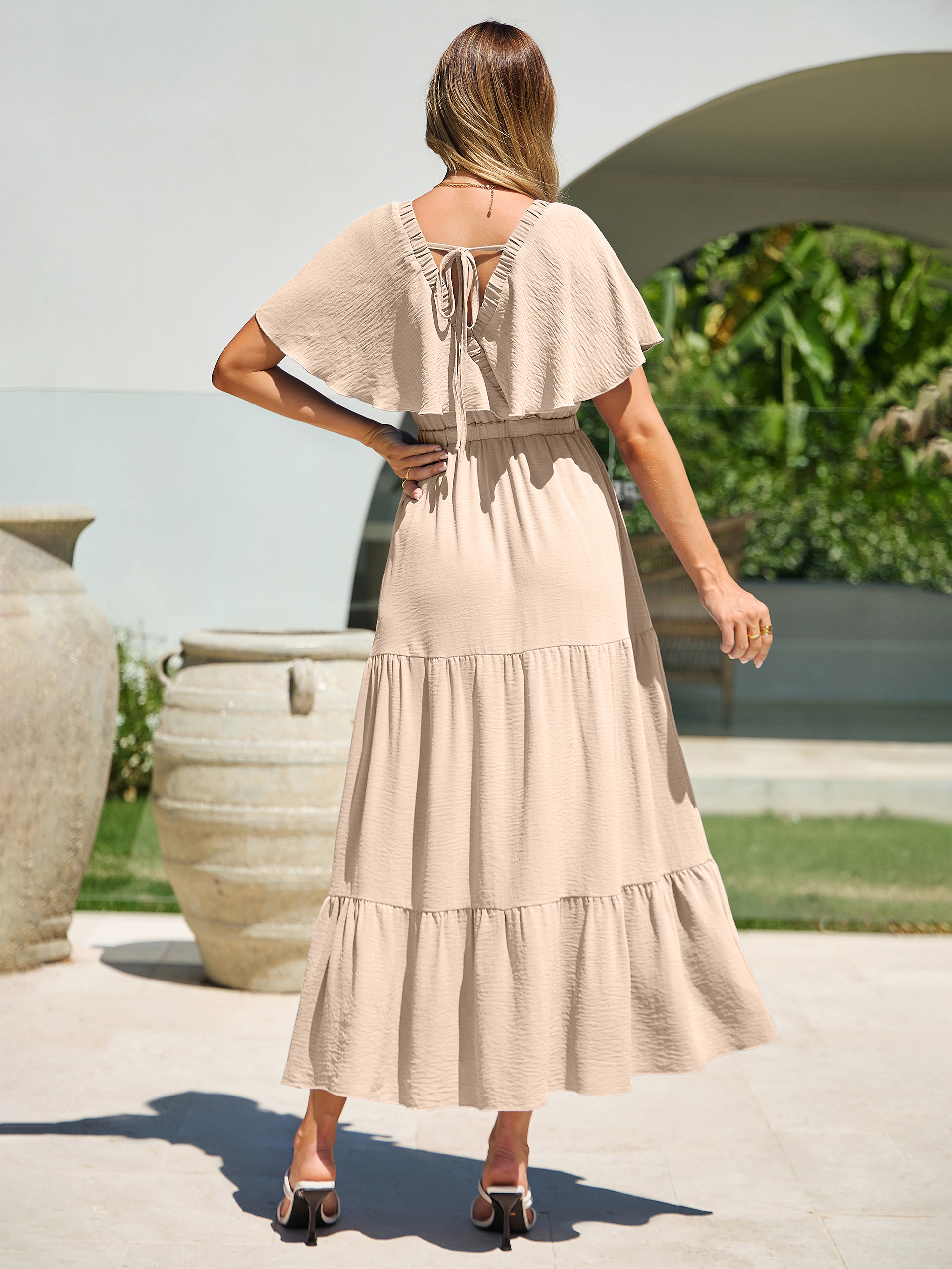 Solid Color Tiered V-Neck Ruffle Sleeve Maxi Dress