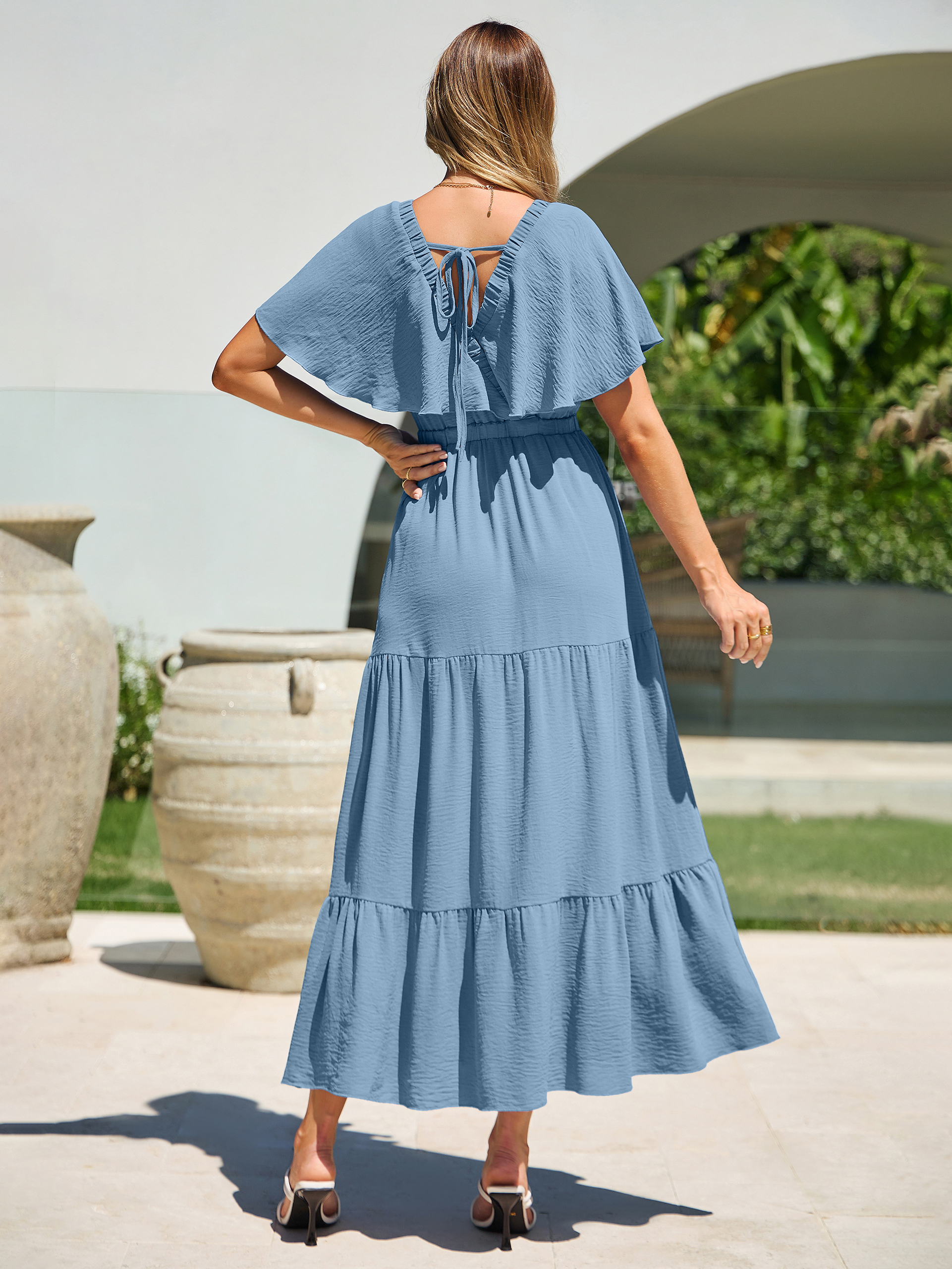 Solid Color Tiered V-Neck Ruffle Sleeve Maxi Dress