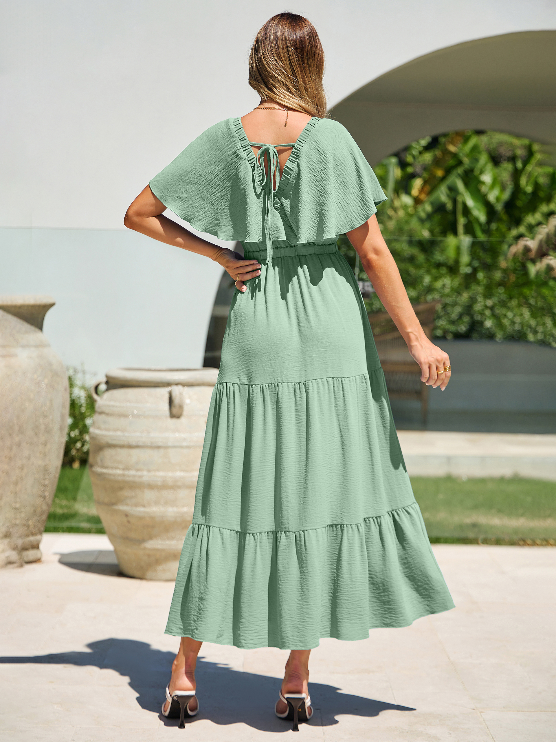 Solid Color Tiered V-Neck Ruffle Sleeve Maxi Dress