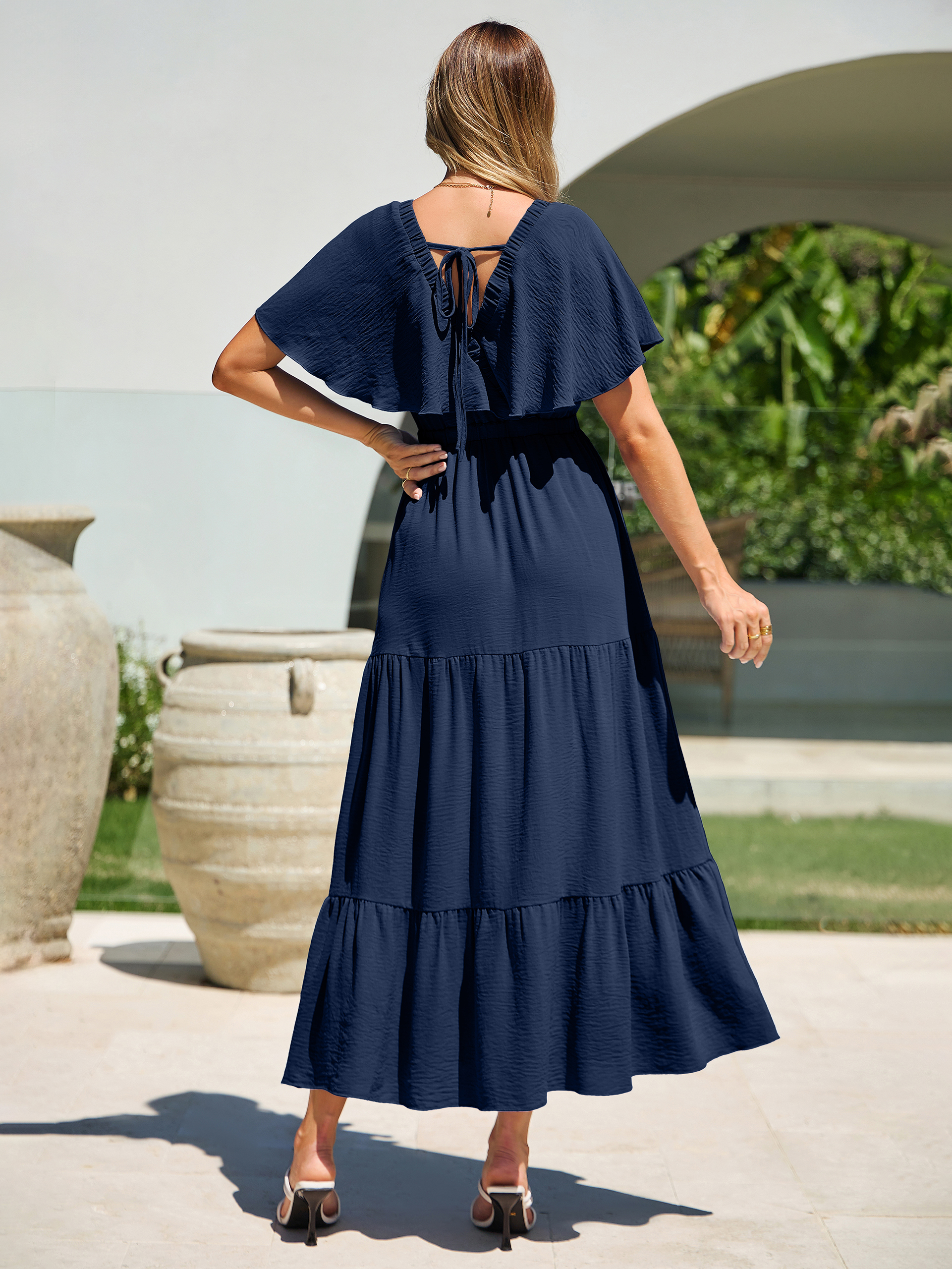 Solid Color Tiered V-Neck Ruffle Sleeve Maxi Dress