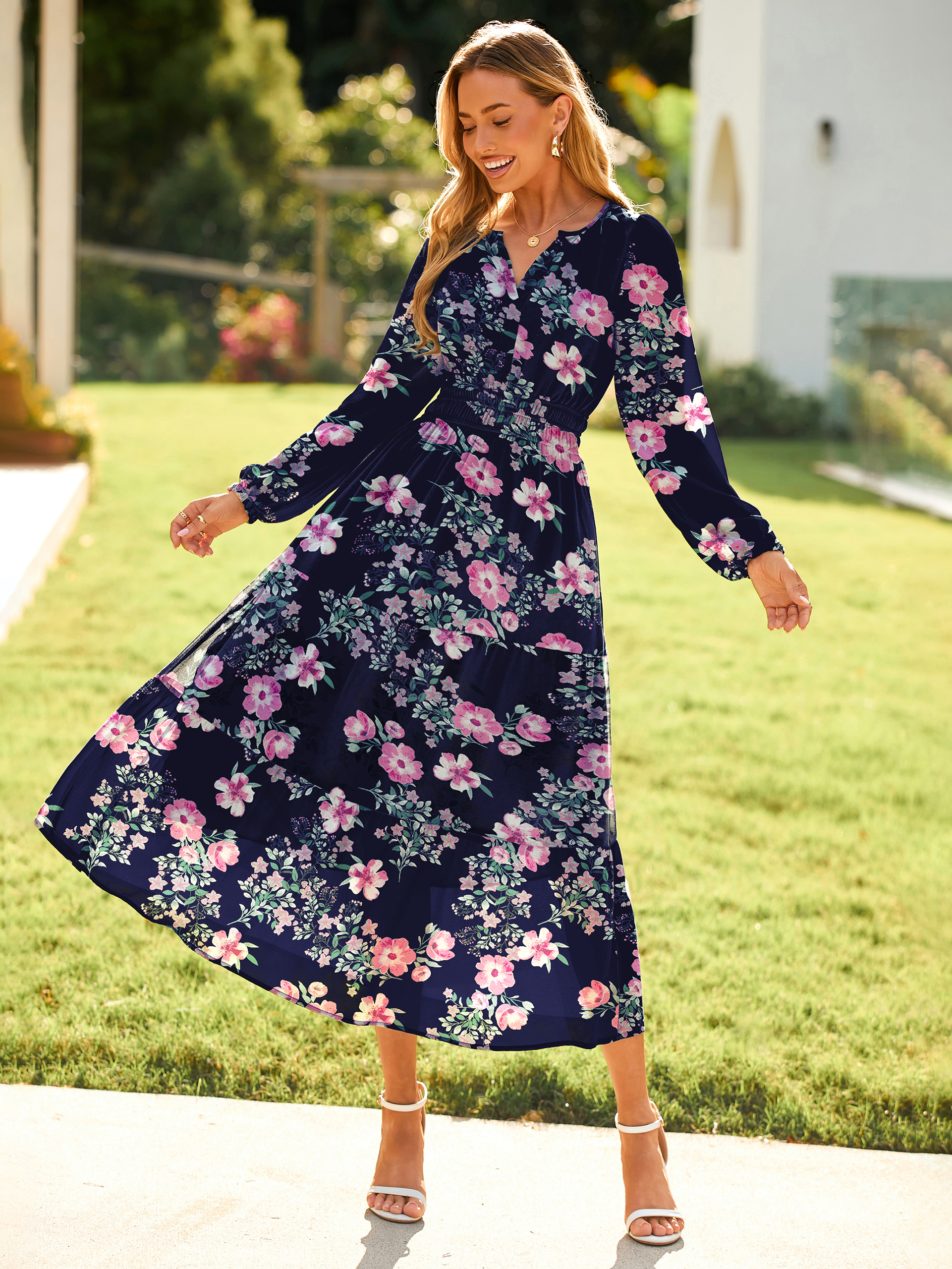 Boho Floral Long Sleeve Wedding Guest Maxi Dress - Navy Pink Floral