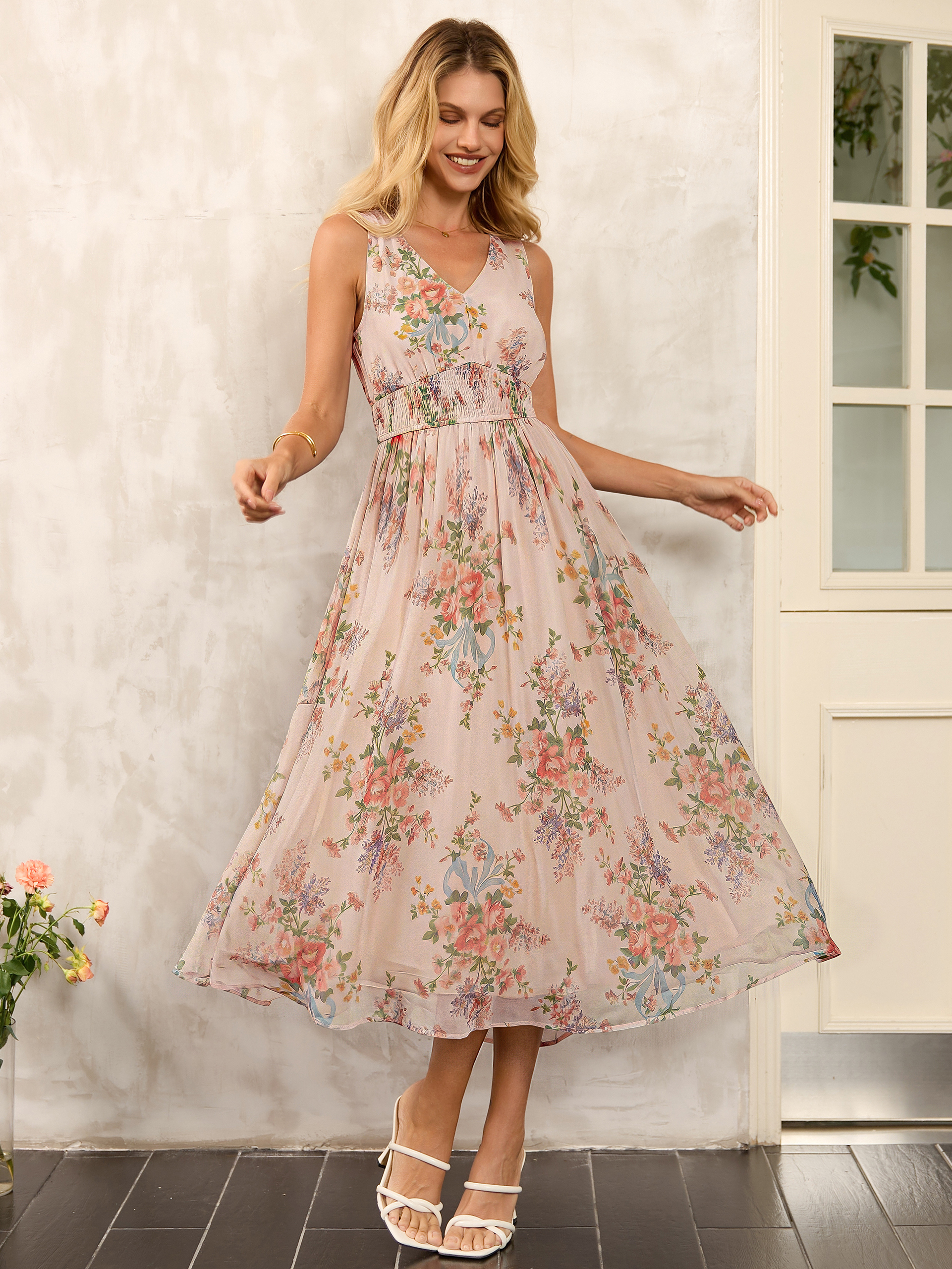 Sleeveless V Neck Floral Tulle Maxi Dress