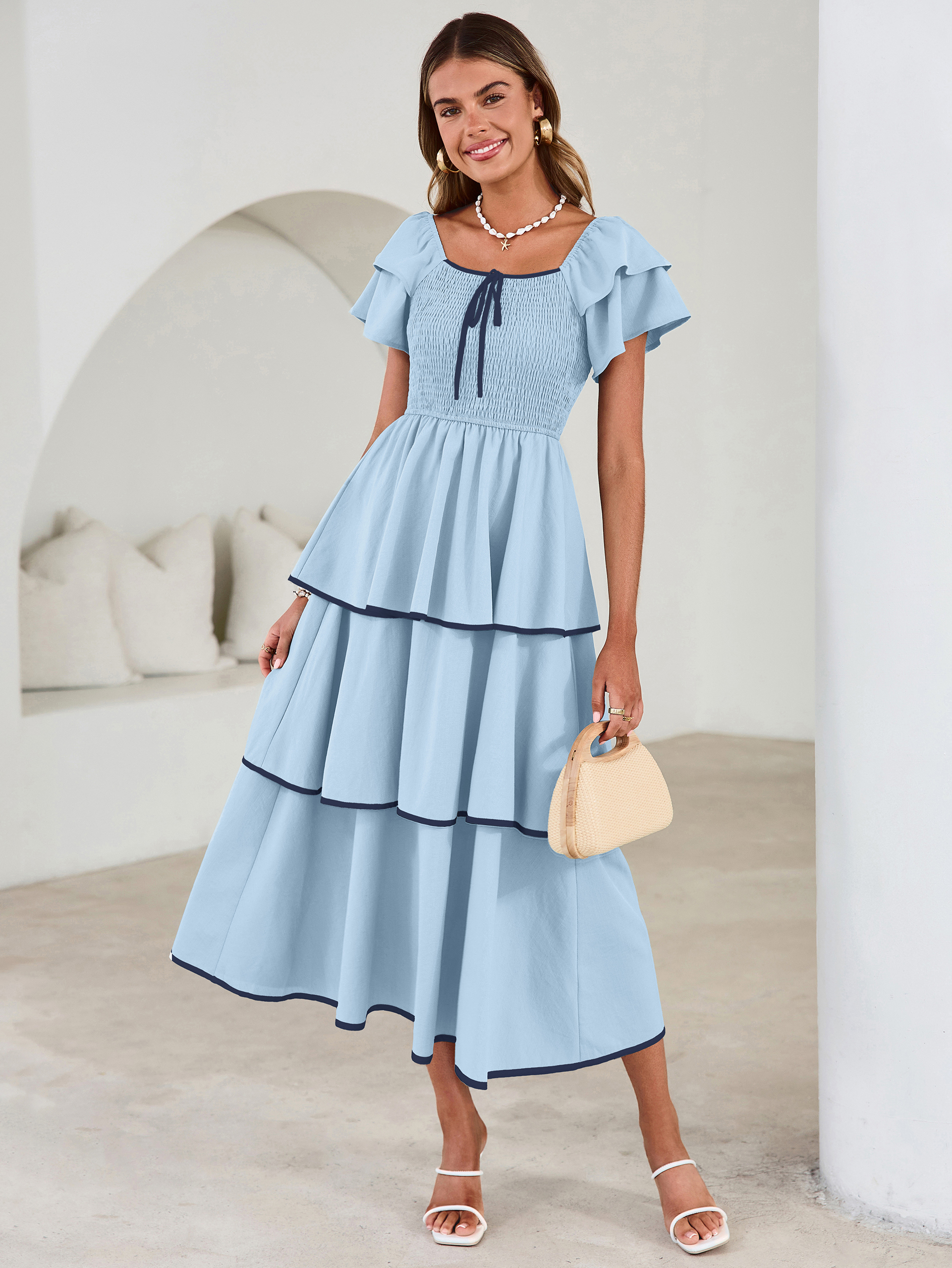 Ruched Off Shoulder Tiered Maxi Dress - Blue