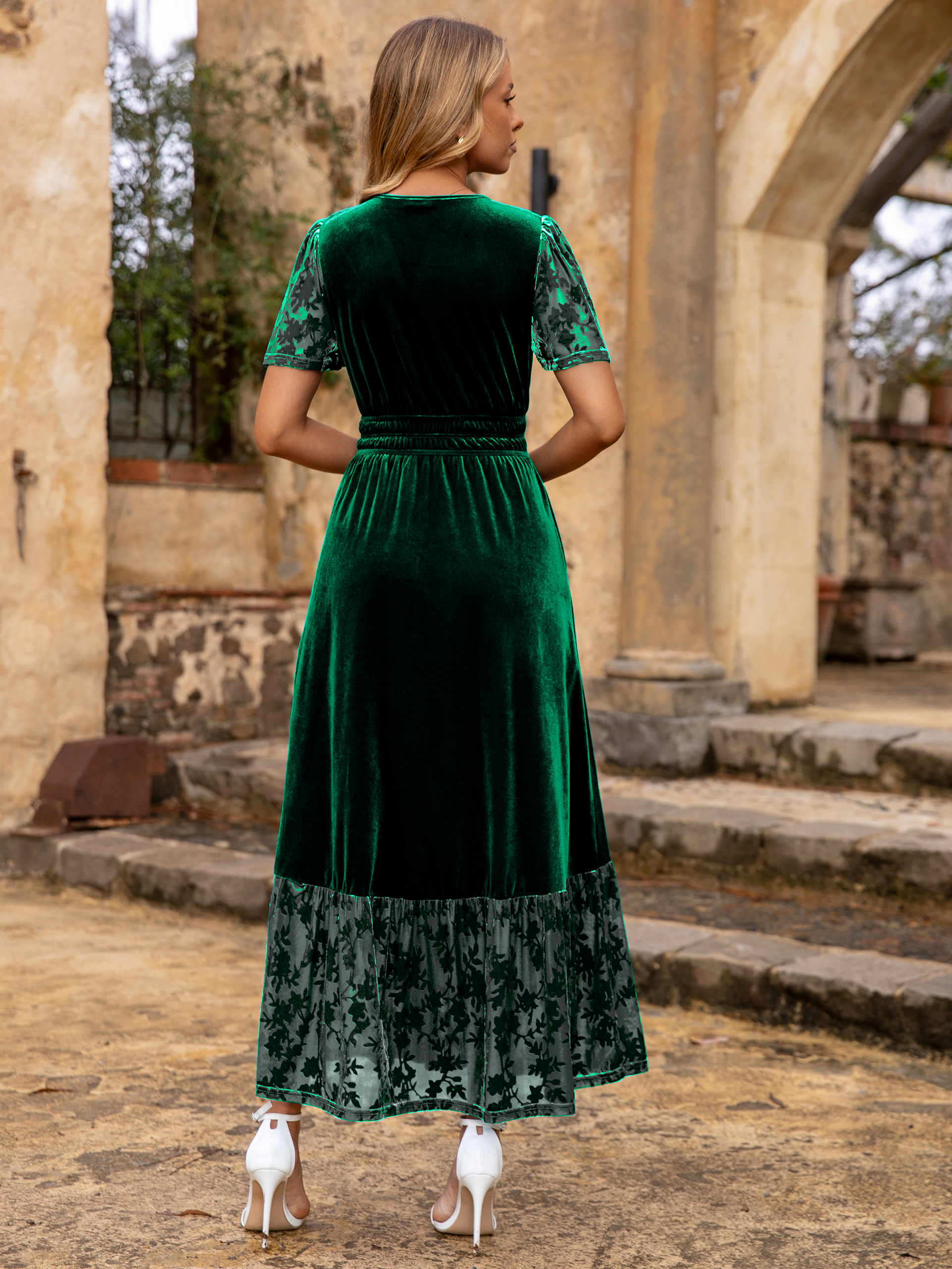 Velvet Floral Burnout V Neck Maxi Dress