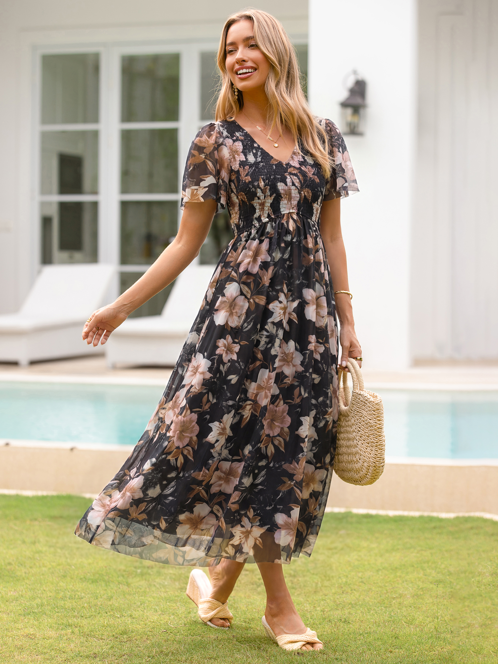 V Neck Smocked Bust Tulle Floral Maxi Dress