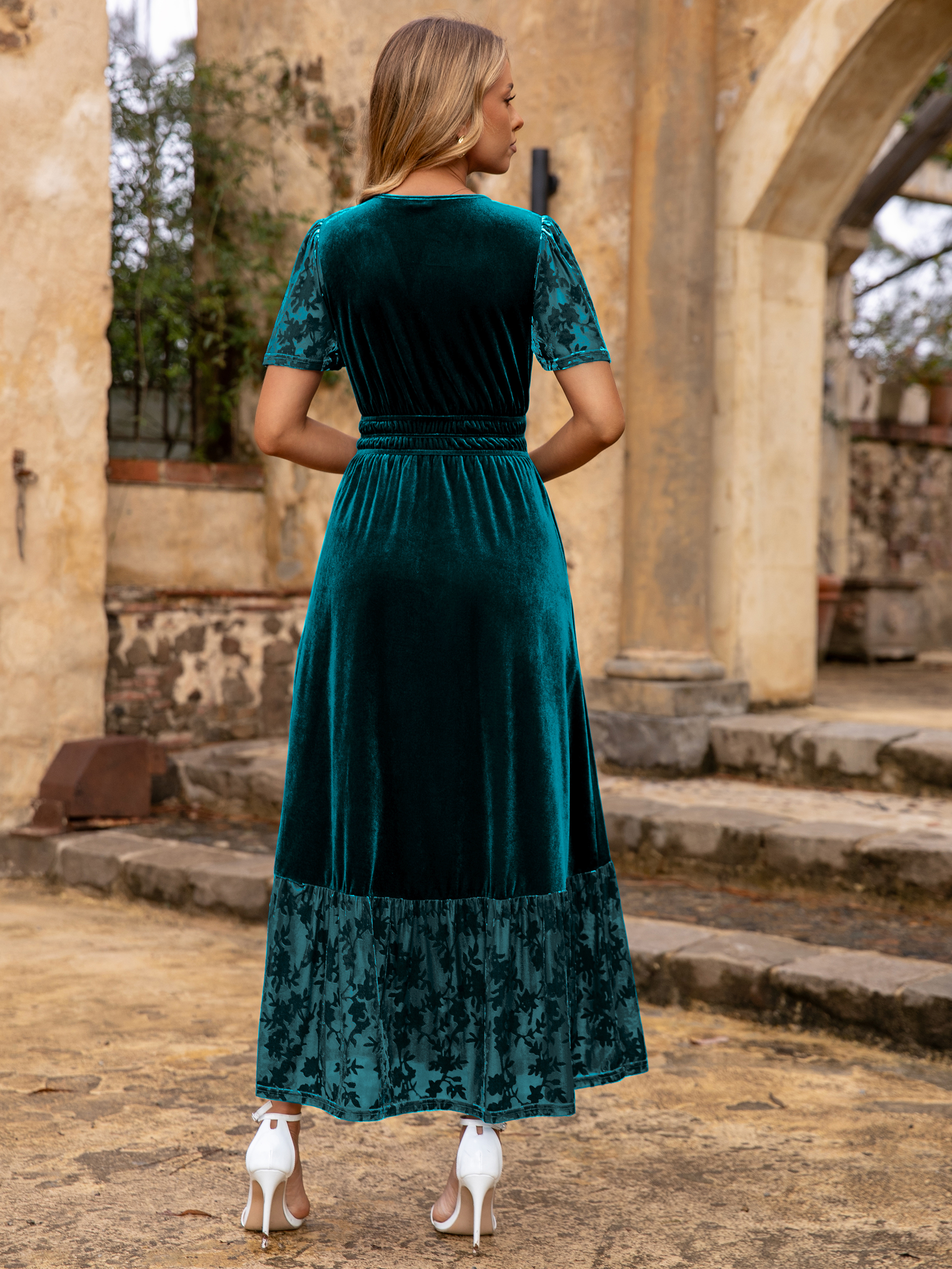 Velvet Floral Burnout V Neck Maxi Dress