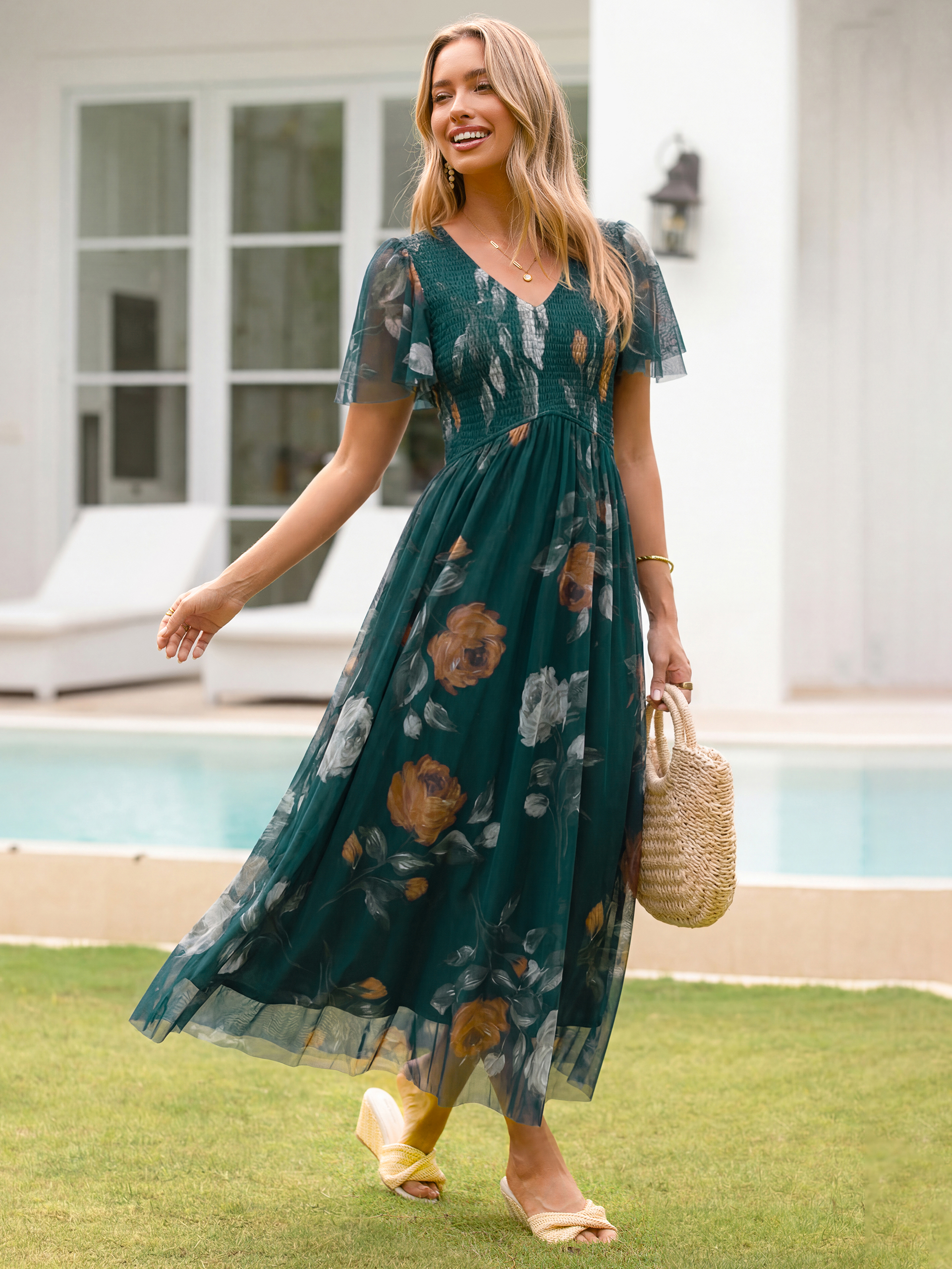 V Neck Smocked Bust Tulle Floral Maxi Dress