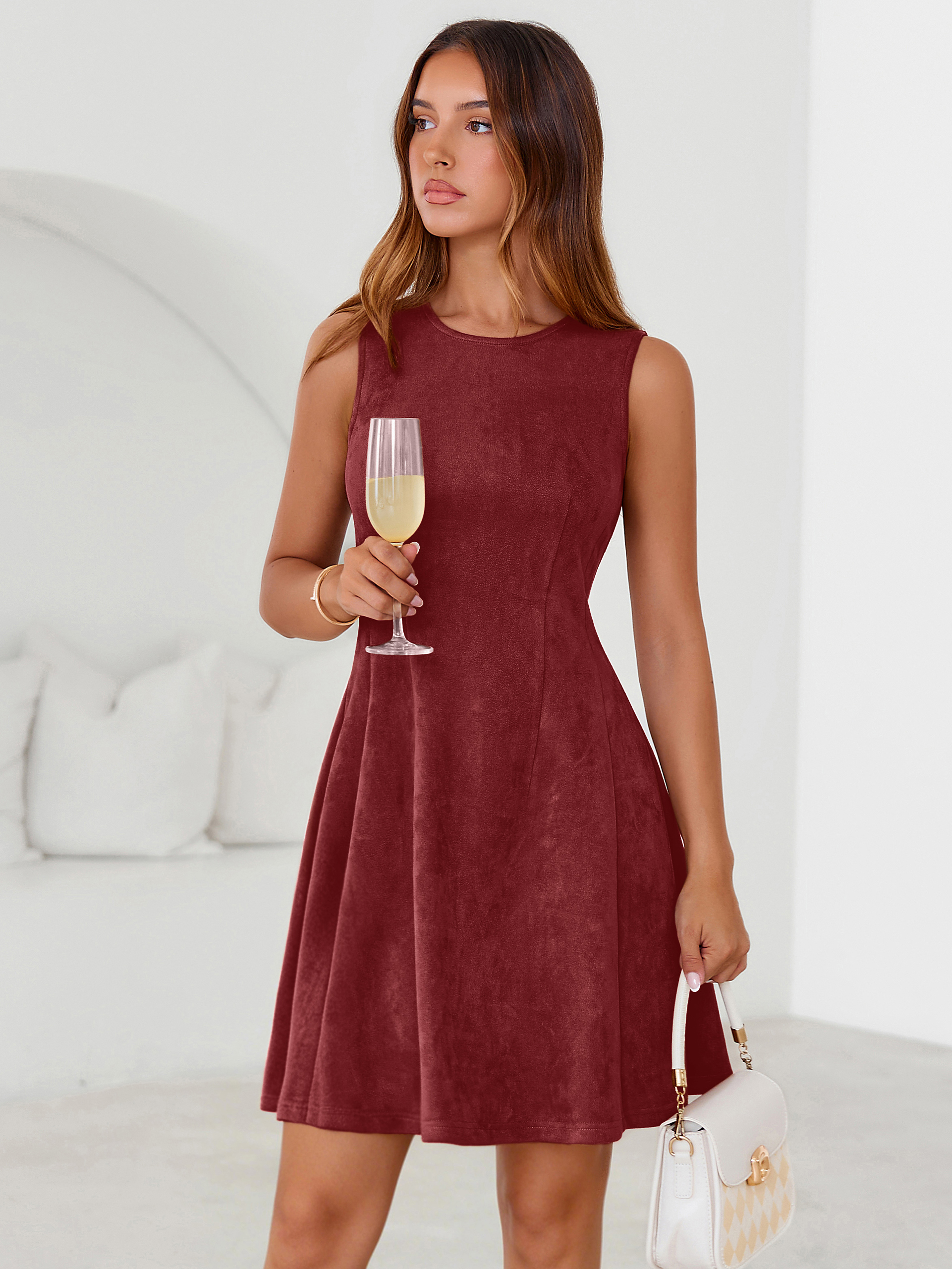 Faux Suede Sleeveless A Line Semi Formal Dress